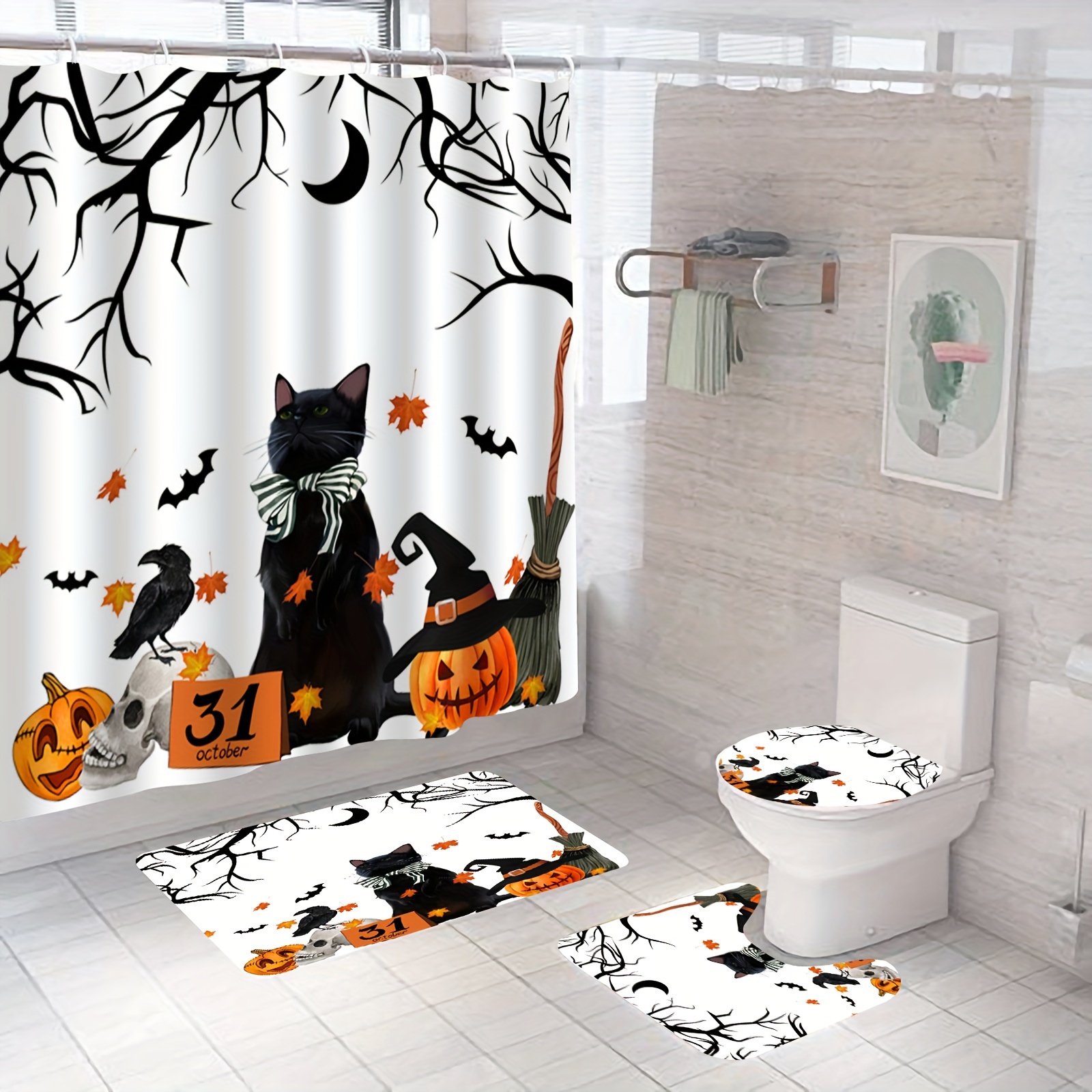 Pumpkin Cat Skull Bathroom Set Non slip Bathroom Rug Toilet - Temu