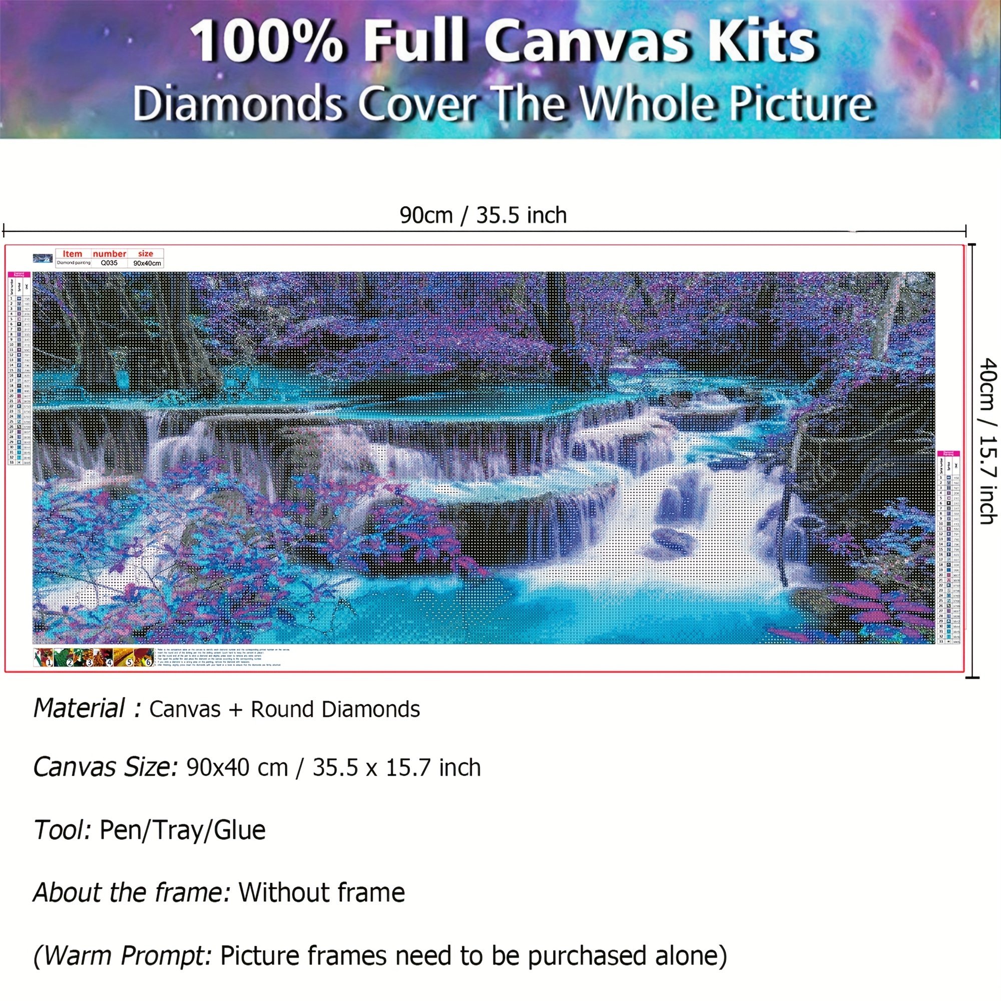 YALKIN Waterfall Large Diamond Painting Kits for Adults (35.5 x 15.7 inch), 5D Diamond Art Full Round Drill DIY Embroidery Pictures Arts Paint by