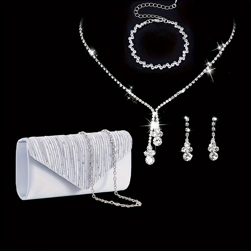 

Elegant Rhinestone Evening Bag, Glitter Dinner Clutch Purse, 4pcs/set Shiny Earrings Necklace & Bracelet For Carnaval Music Festival