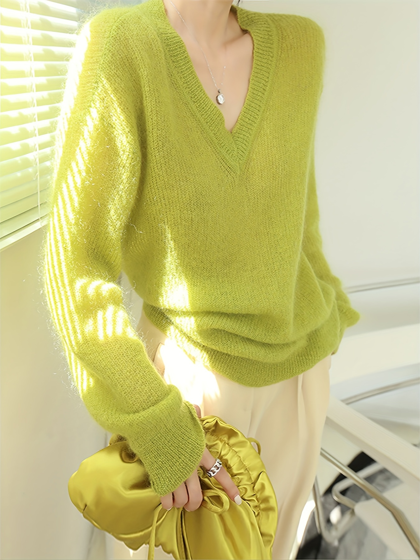 V-neck Fuzzy Loose Sweater, Casual Long Sleeve Fall Spring Knit
