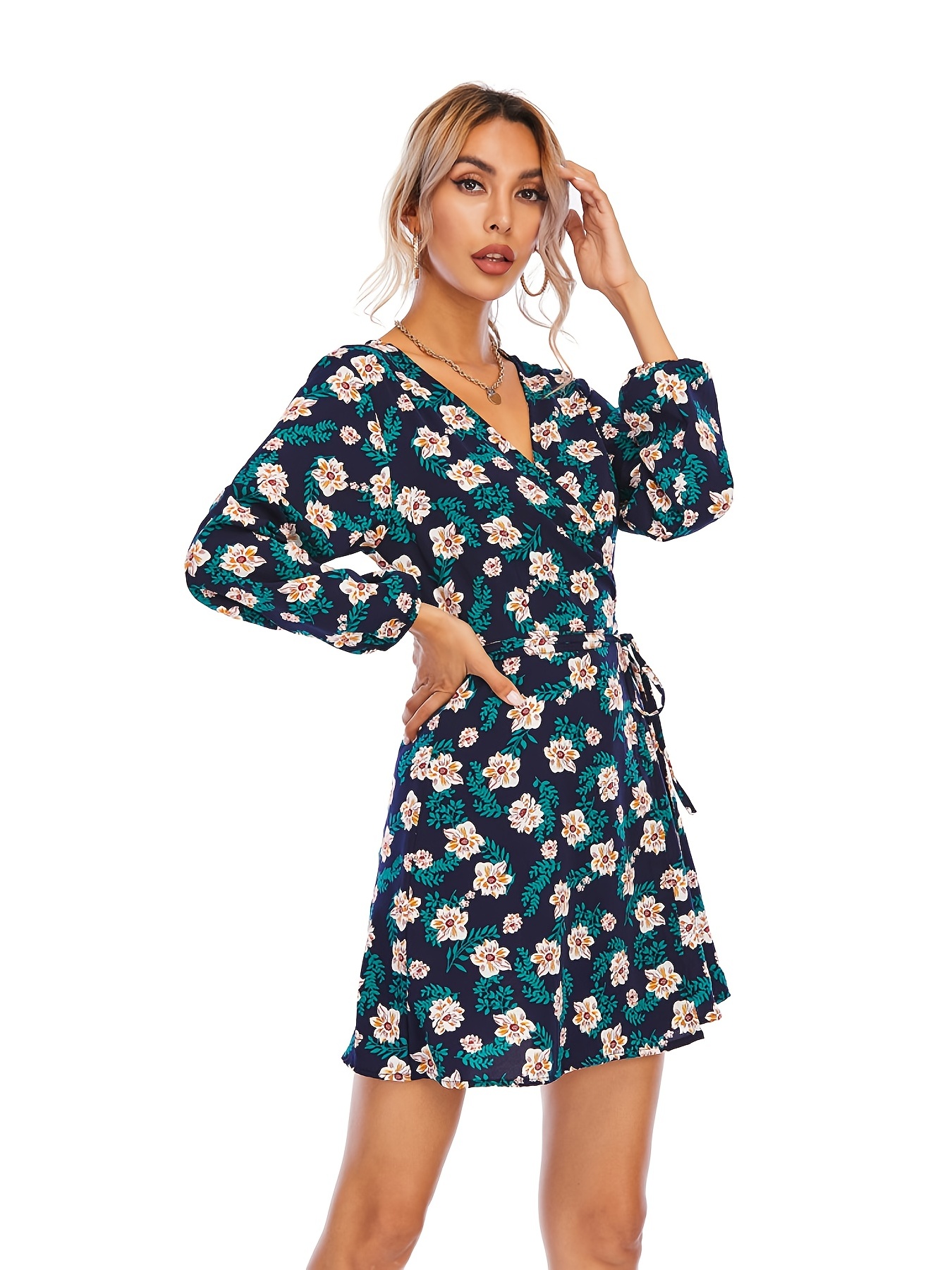 floral print v neck dress long sleeve casual every day dress for spring fall womens clothing