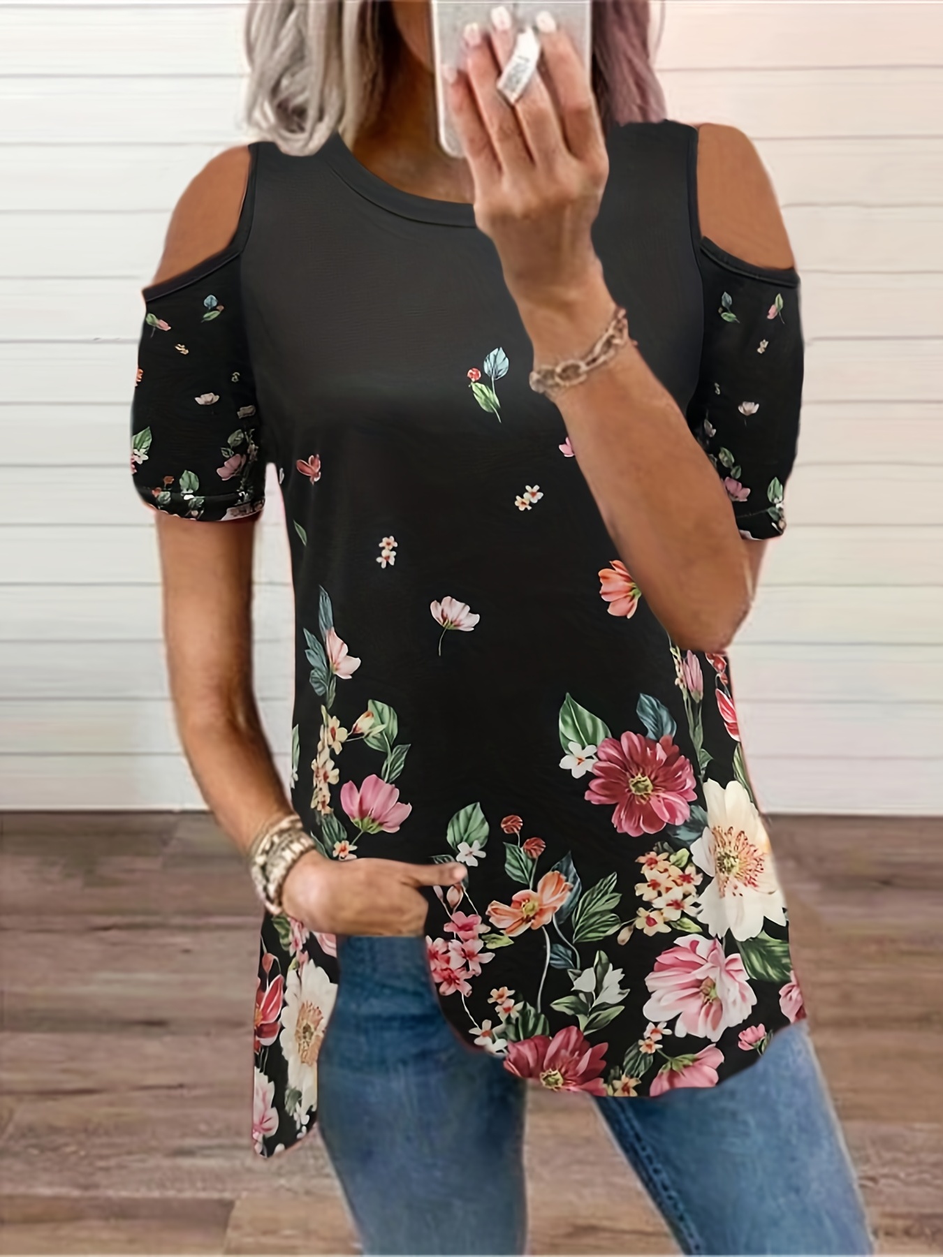 Floral Print Cold Shoulder T shirt Casual Crew Neck Short - Temu Portugal