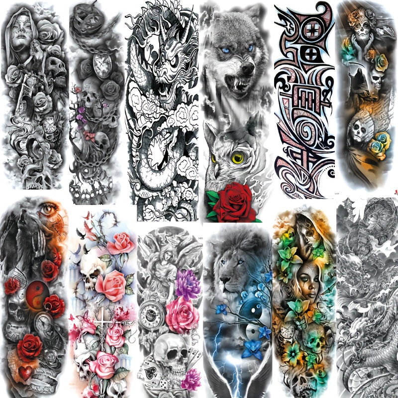 Men's Full Arm Tattoo Stickers Idol Skull Rose Bear Pattern - Temu Austria