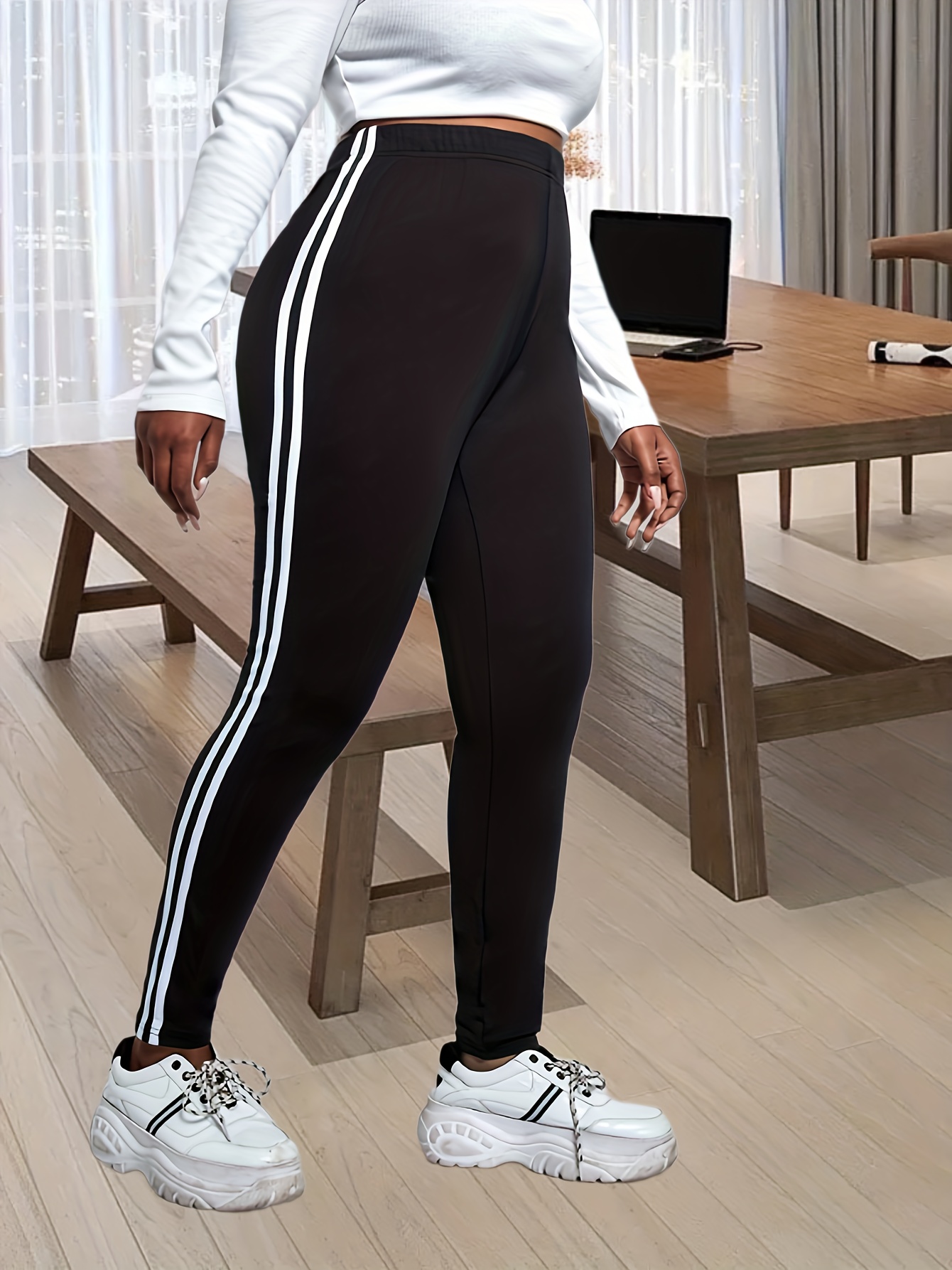 Casual Striped Regular Black Plus Size Leggings (Women's) 