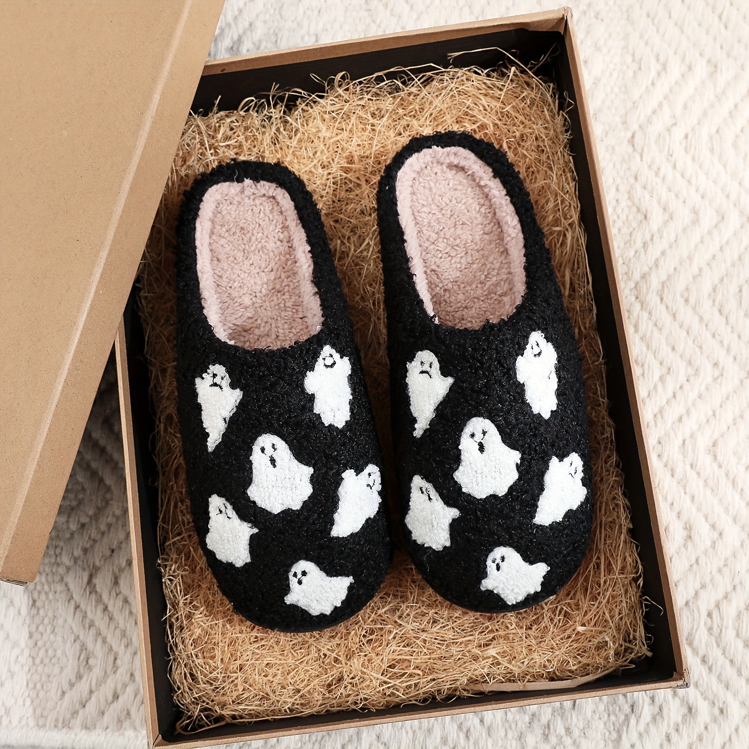 halloween skull ghost pattern plush slippers closed toe soft details 14