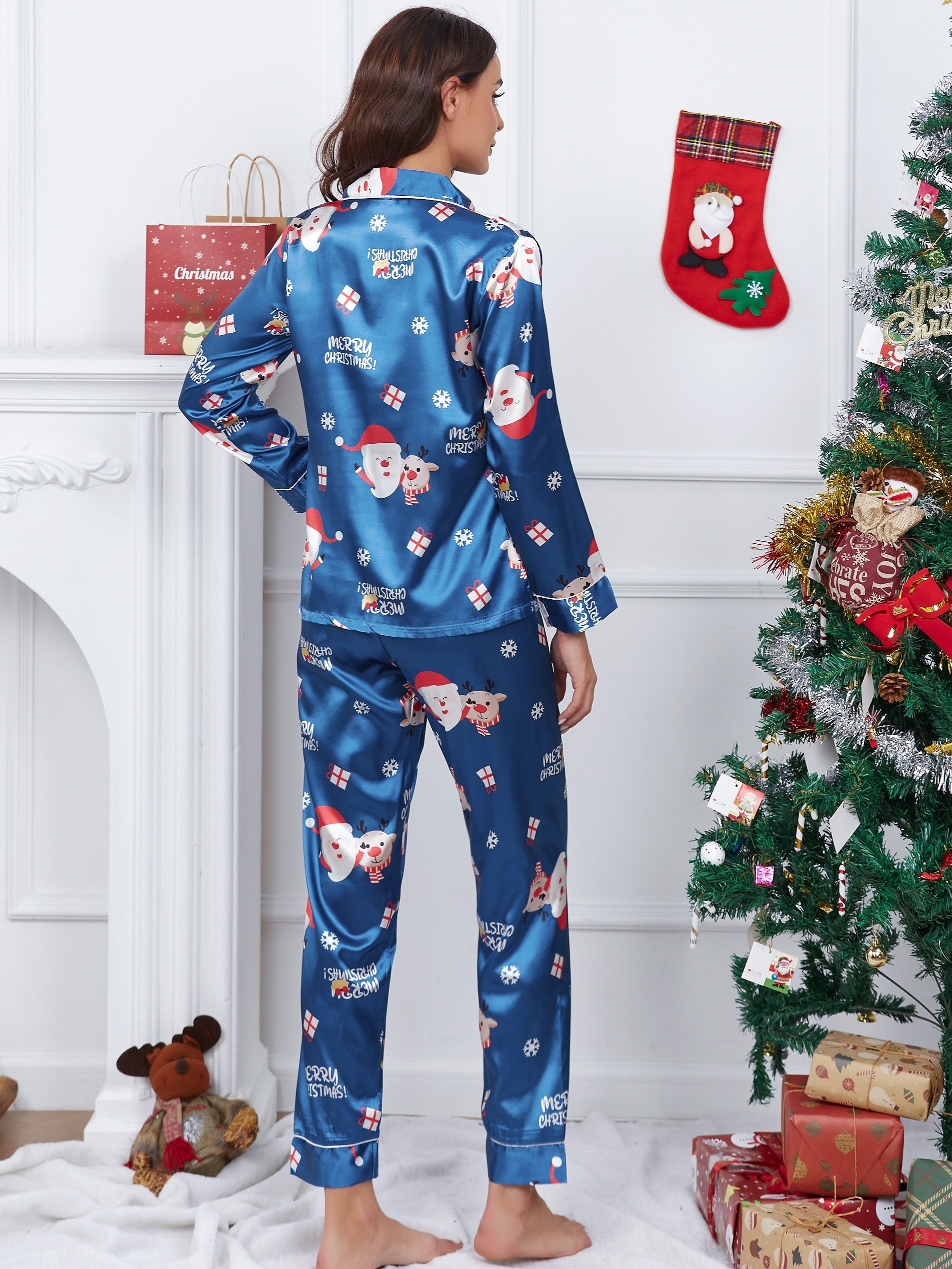 Christmas Santa Print Pajama Set Buttons Long Sleeve Top Elastic Waistband Pants Women s Sleepwear Loungewear