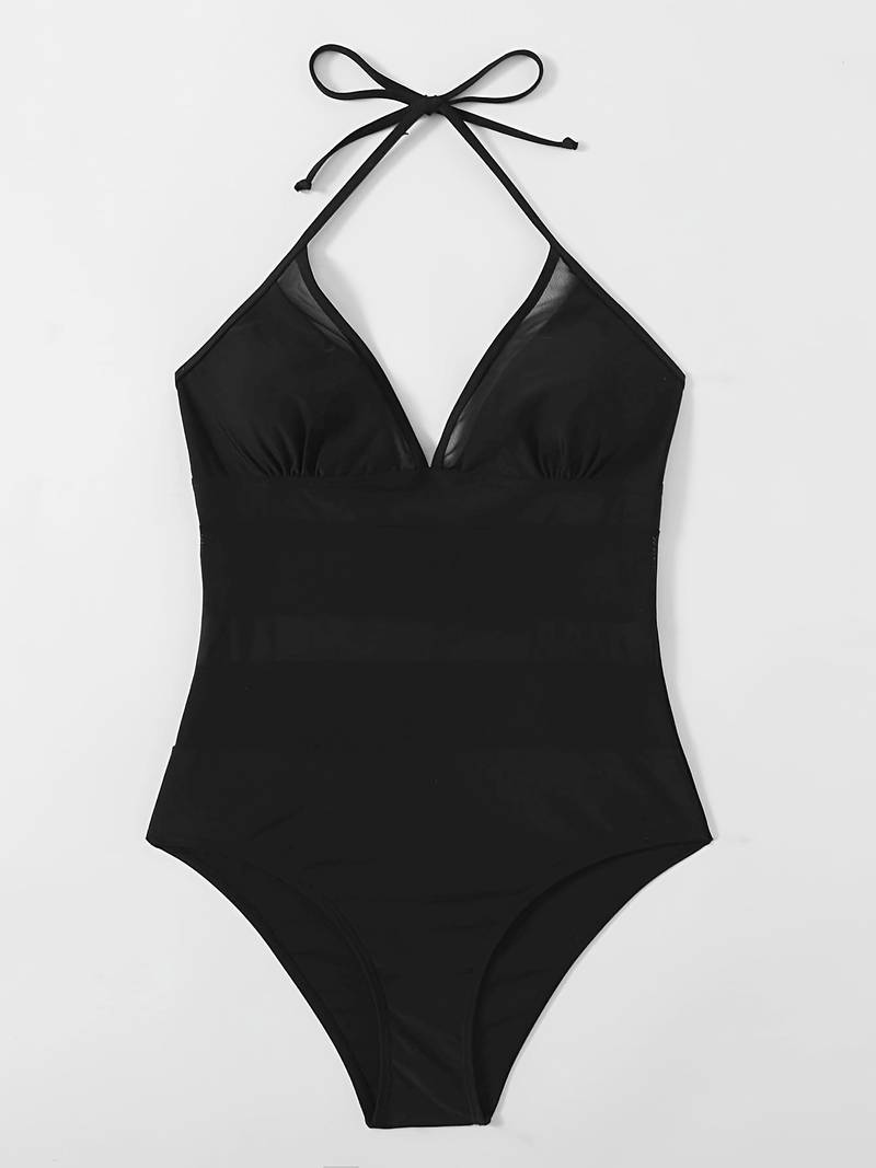 Contrast Mesh Halter Neck One Piece Swimsuit Ruched Bra High Cut Black ...