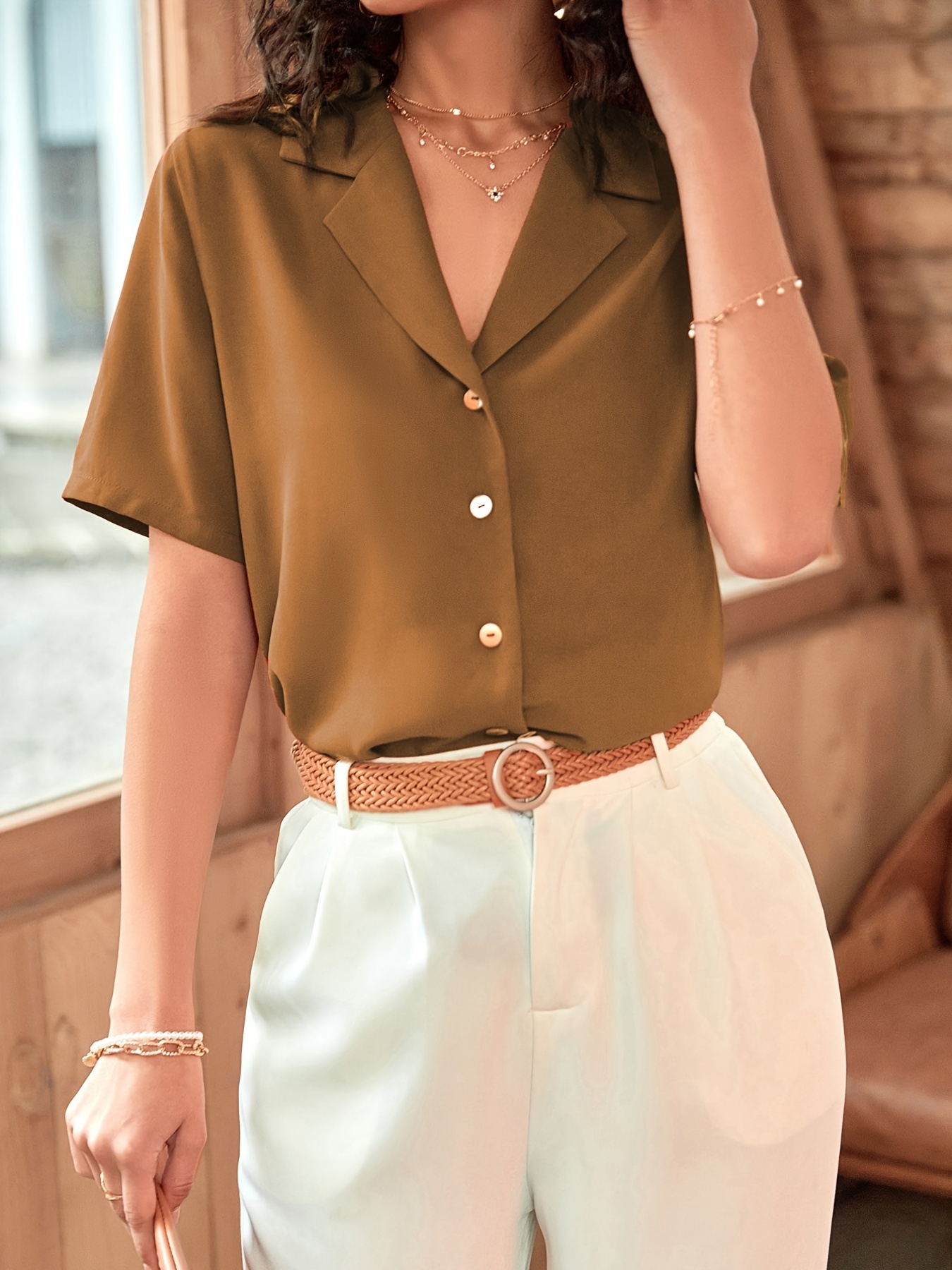 Loose fit Button Blouse Flowing V neck Collared Shirt Casual - Temu