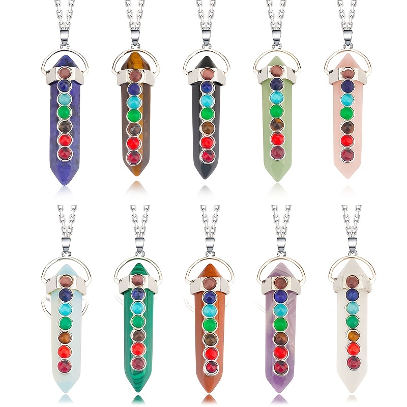 7 Chakras Natural Stone Charm Necklace Hexagonal Column - Temu