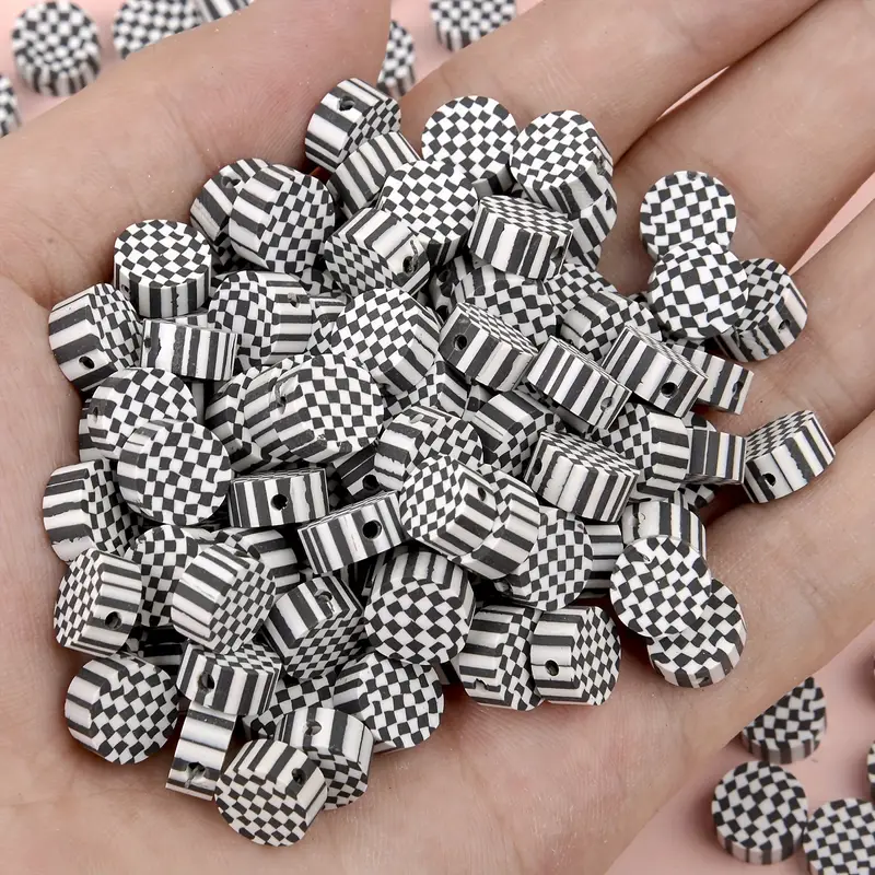 Black White Plaid Checkerboard Flat Round Clay Beads Polymer - Temu