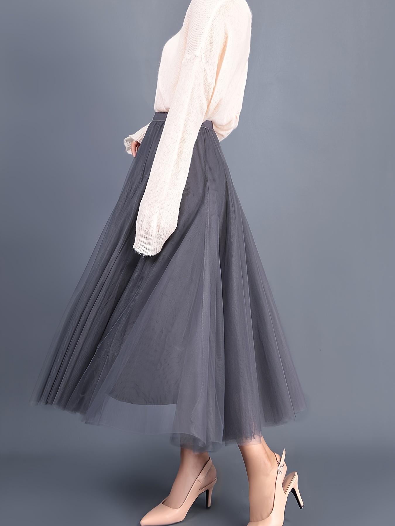 Solid Ruffle Trim Layered Mesh Skirt Versatile High Waist - Temu Philippines