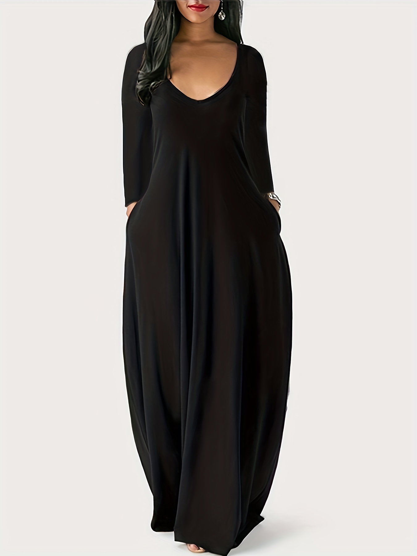 Solid Long Sleeve V Neck Maxi Dress