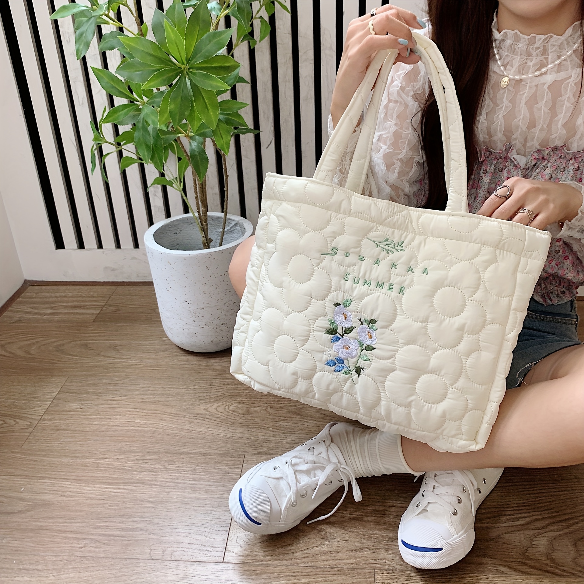 Aesthetic Flower Quilted Handbag, Puffer Embroidered Tote Bag