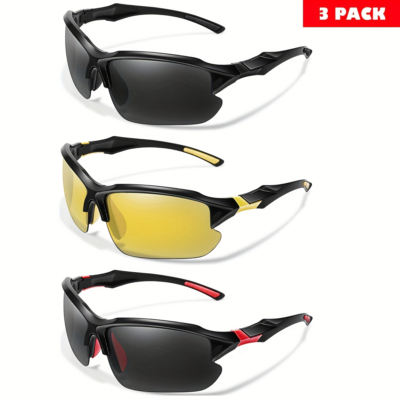 3pcs, Cool Polarized Sports Sunglasses, for Cycling Baseball Running Fishing Golf Driving, Tactical Windproof Goggles for Men Women,Temu