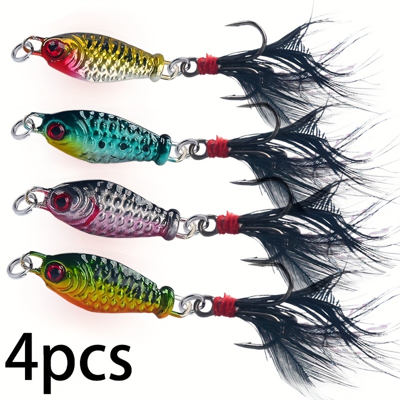4pcs Long Casting Jig Bait - Catch More Bass & Perch with Shaped Spoon  Lures & Feather Hooks!