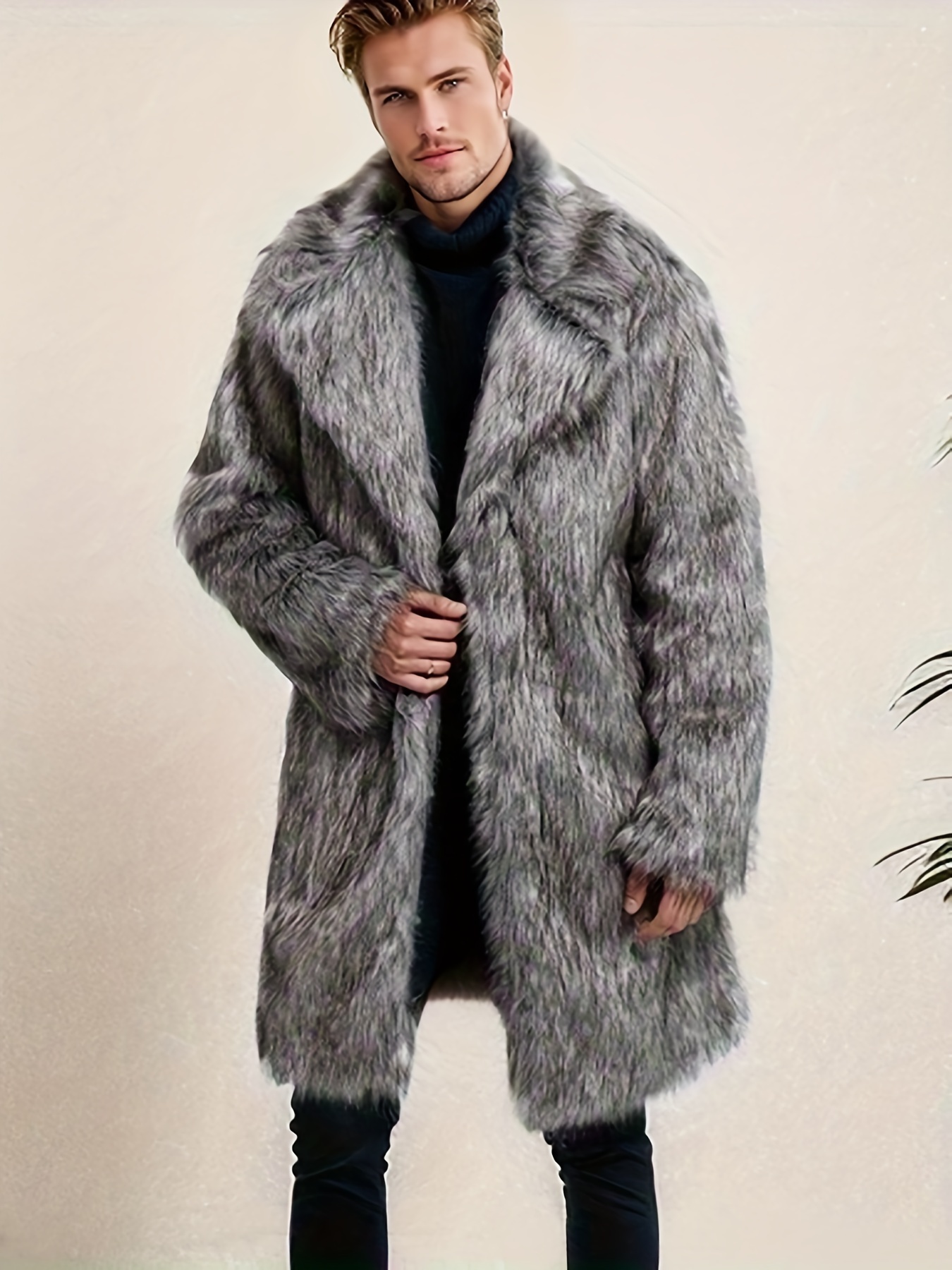 Mens Faux Fur Overcoat Fur Collar Outdoor Jacket Trench Coat Parka Woolen