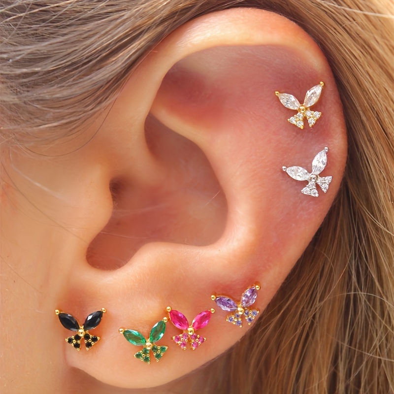 

Elegant And Lovely Minimalist Screw Ear Bone Stud Earrings For Women, Fashionable And Luxurious Style Butterfly Inlaid Zircon Ear Piercing Jewelry