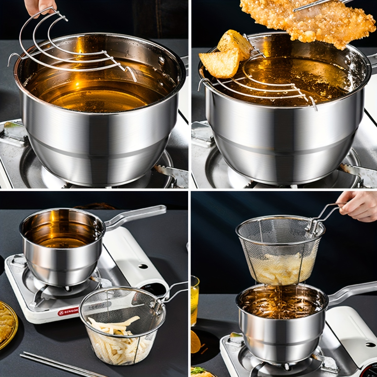 4pcs/set Stainless Steel Deep Frying Pan with Strainer Insert -  Multifunctional Stock Pot for Home Kitchen Cookware Sets
