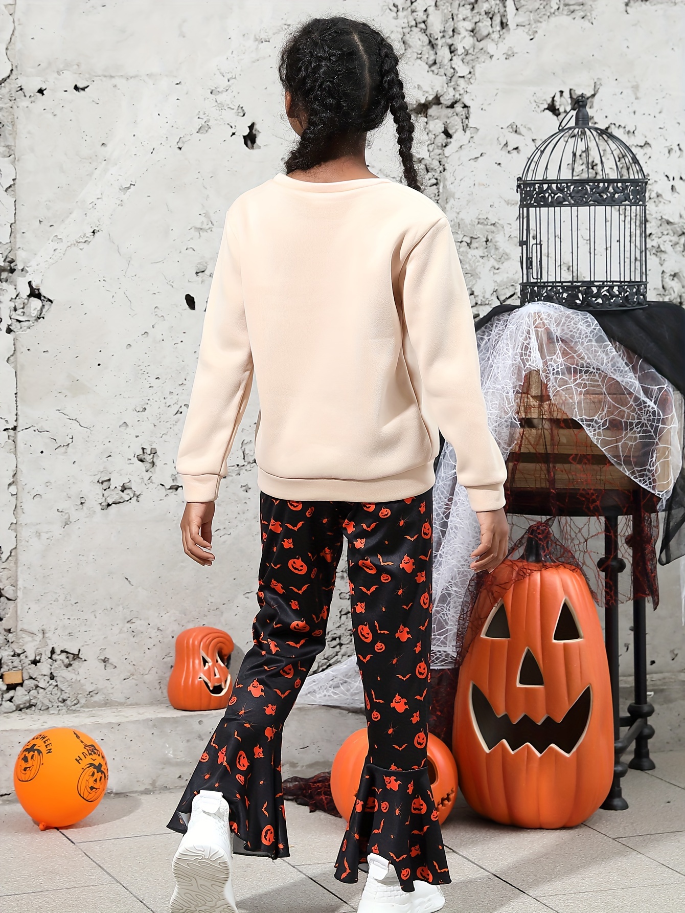 Girl's SPOOKY MINI Print Halloween Set, Sweatshirt & Flared Pants, Kid's  Dress Up Outfits For Christmas Halloween Party Birthday Performance, As Gift