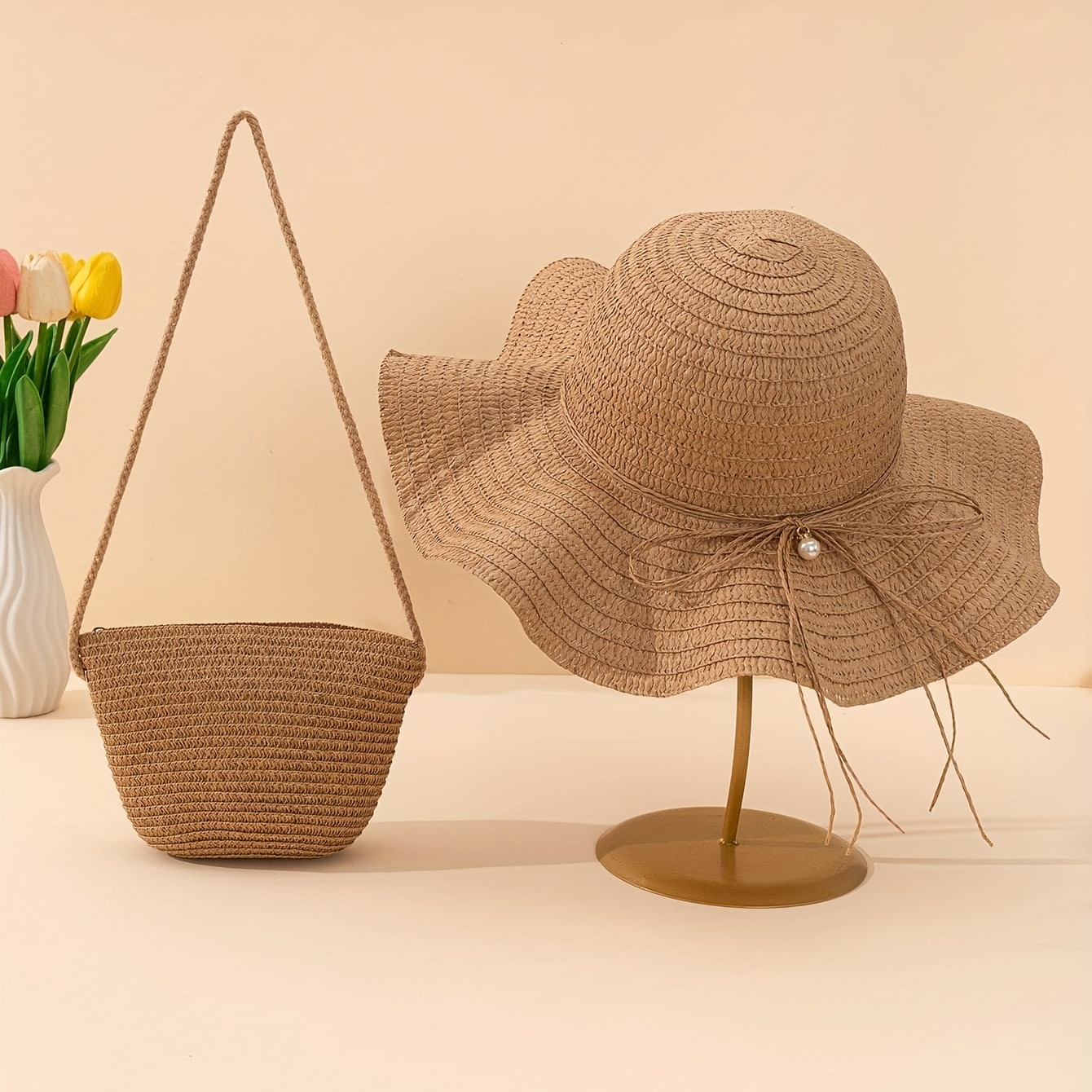 

Look Chic & Feel Cool: Solid Color Woven Straw Hat & Bag Set With Faux Pearl Bow Decor For Beach Vacation
