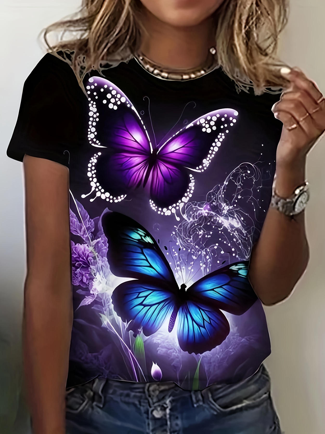 Butterfly Print T-Shirt Casual Short Sleeve Crew Neck Top For Spring & Summer Women's Clothing