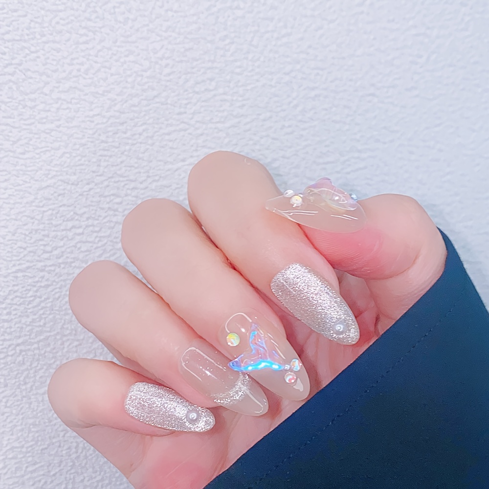 Glossy Medium Almond Fake Nails Glitter Cat Eye Press - Temu