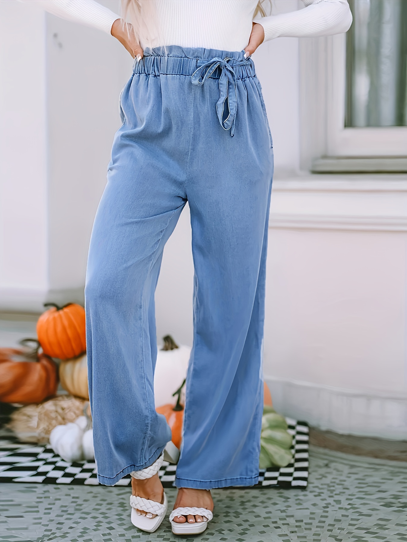 elastic waist washed straight jeans loose fit with waistband casual denim pants womens denim jeans clothing