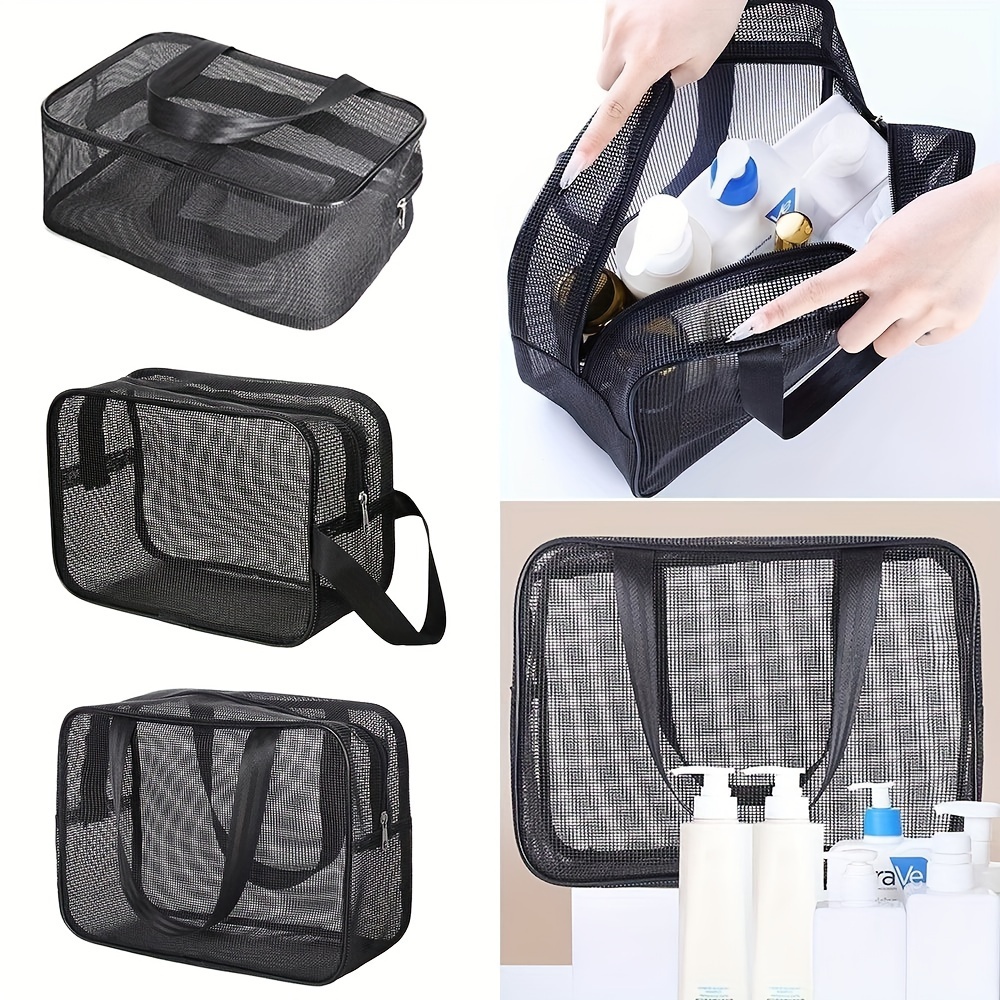 Black Travel Mesh Cosmetic Bag Zipper Makeup Bag Women Wash Temu Canada
