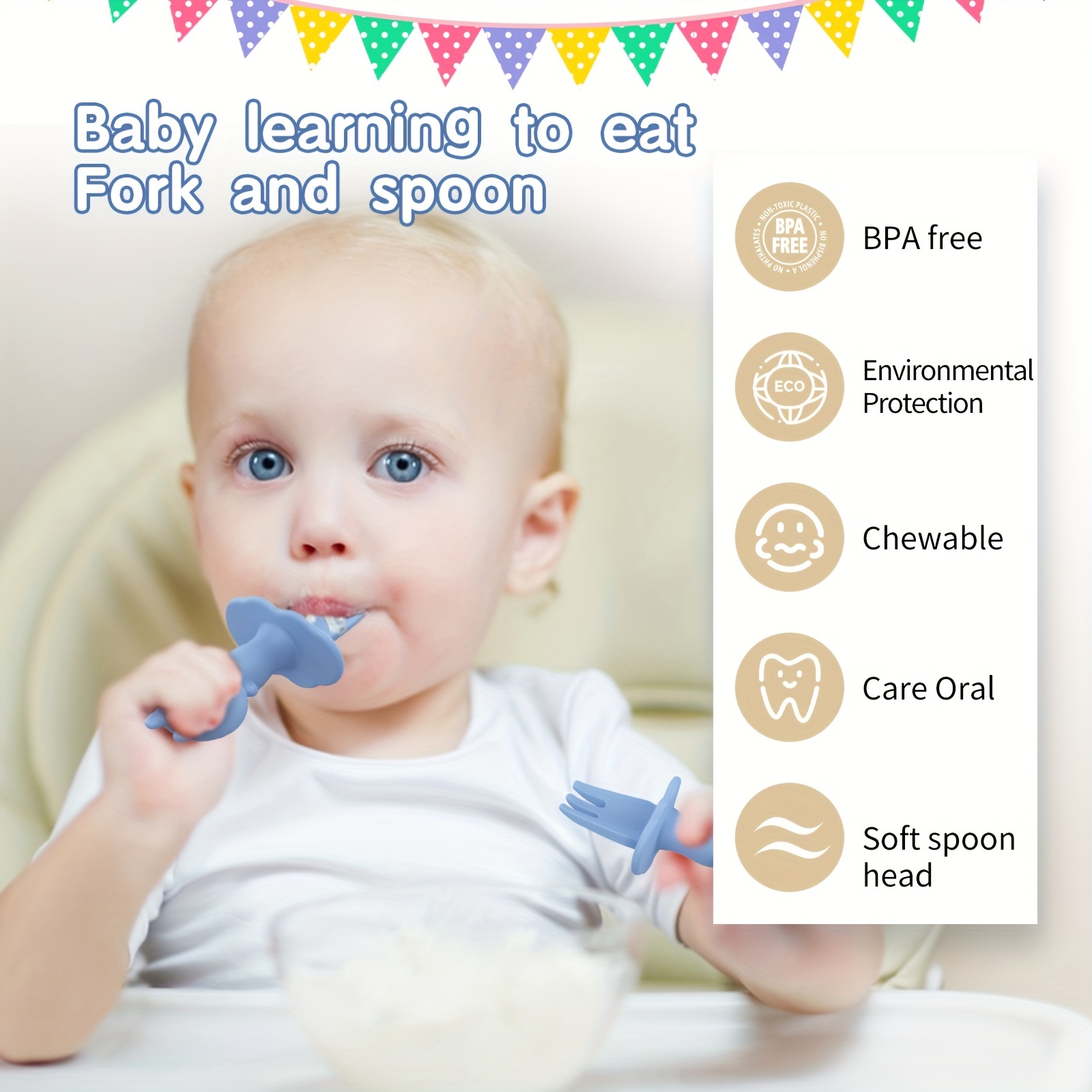 Baby Fork and Spoon Set, Eco-Friendly Silicone Rabbit Toddler Feeding Utensils