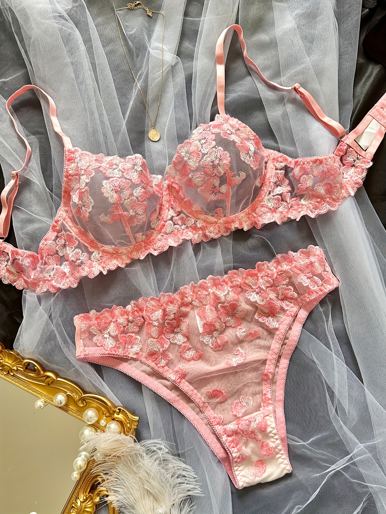 Floral Embroidery Lingerie Set Mesh Unlined Bra Panties - Temu Canada