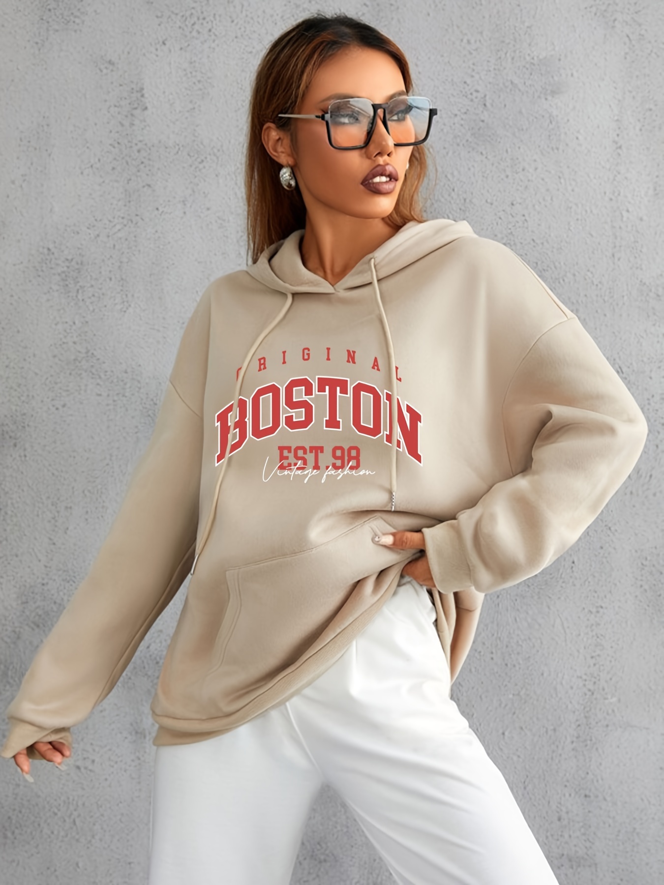 Letter Graphic Hooded Pocket Drawstring Sweatshirt, Women's Casual for Winter Fall Women's Clothing Hoodie, Pullover,Temu