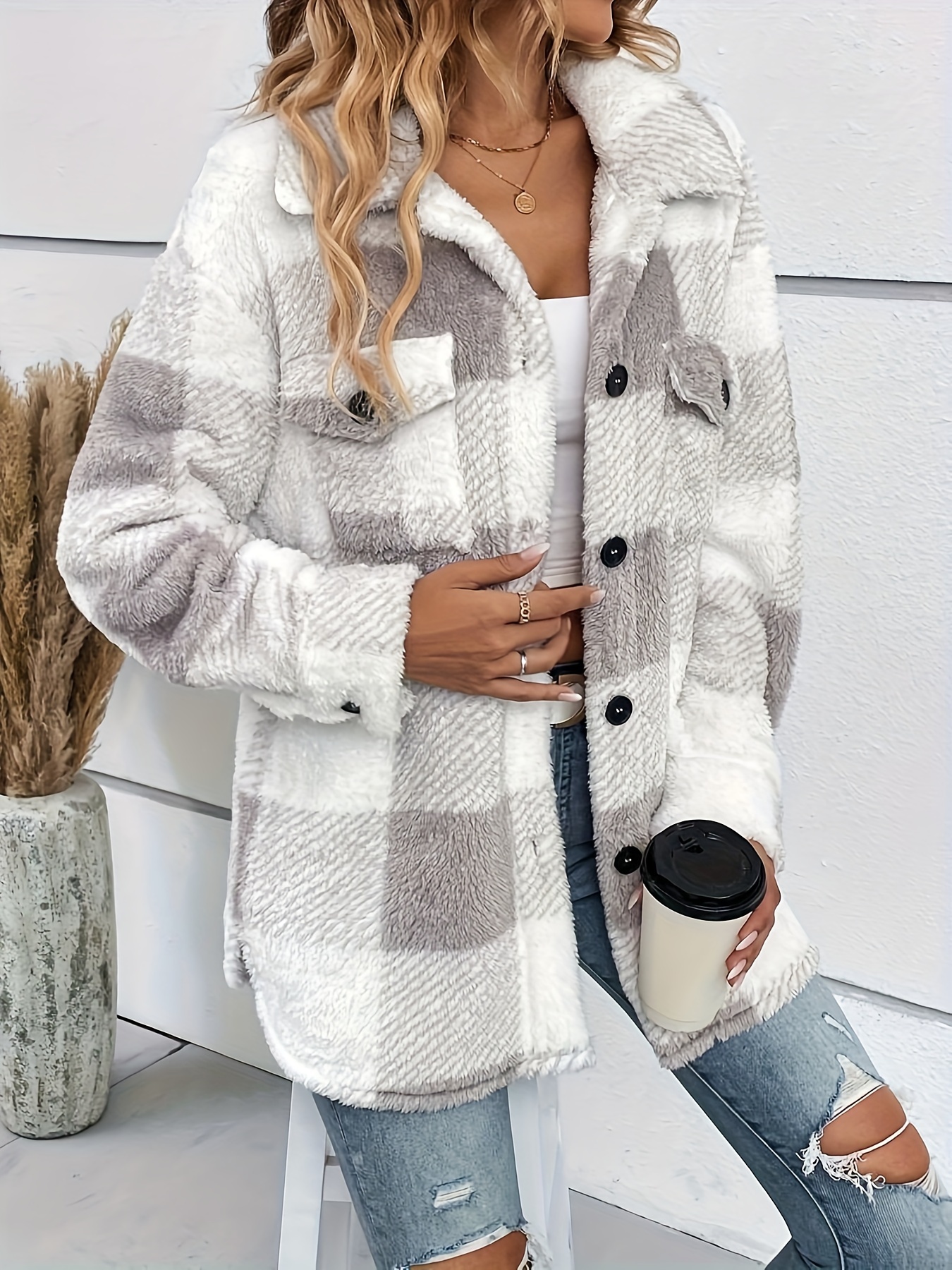 Plaid Fuzzy Fall Winter Jacket Casual Button Front Long - Temu