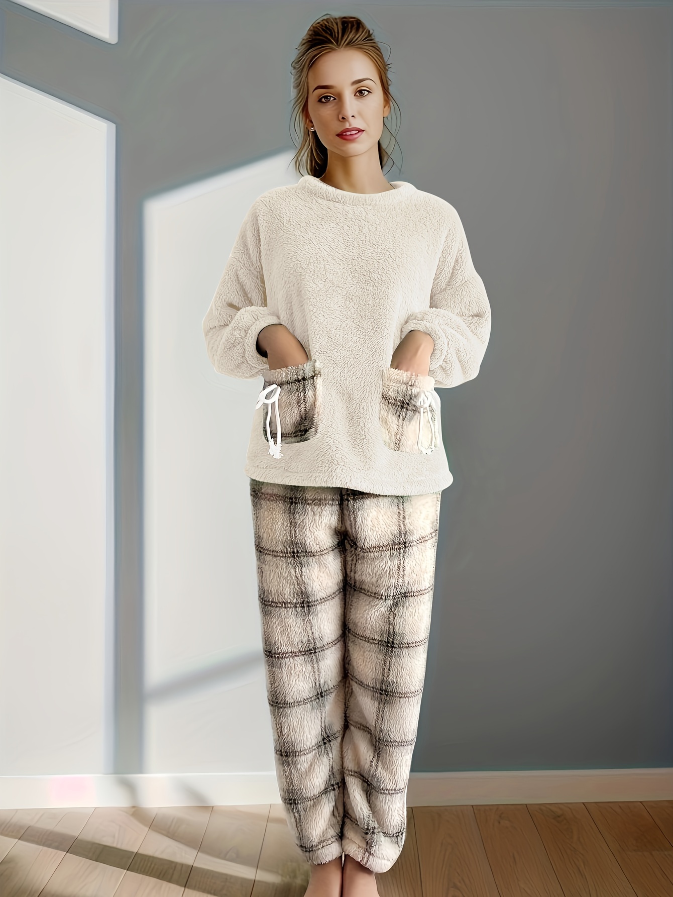 Casual Plush Pajamas Set Thickened Warm Long Sleeve Round - Temu