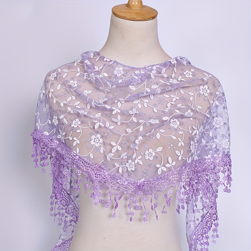 TEMU 1pc Women's Elegant Lace-trimmed Breathable Triangle Scarf Shawl - Solid Color Versatile Wrap For Casual , Machine Washable & Dry , Lace Scarf,