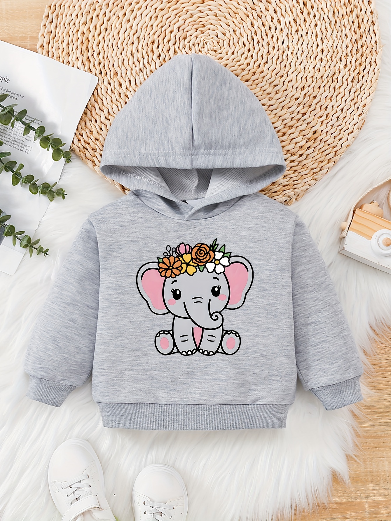 Baby Hooded Cute Cartoon Elephant Print Long Sleeve Sweatshirt