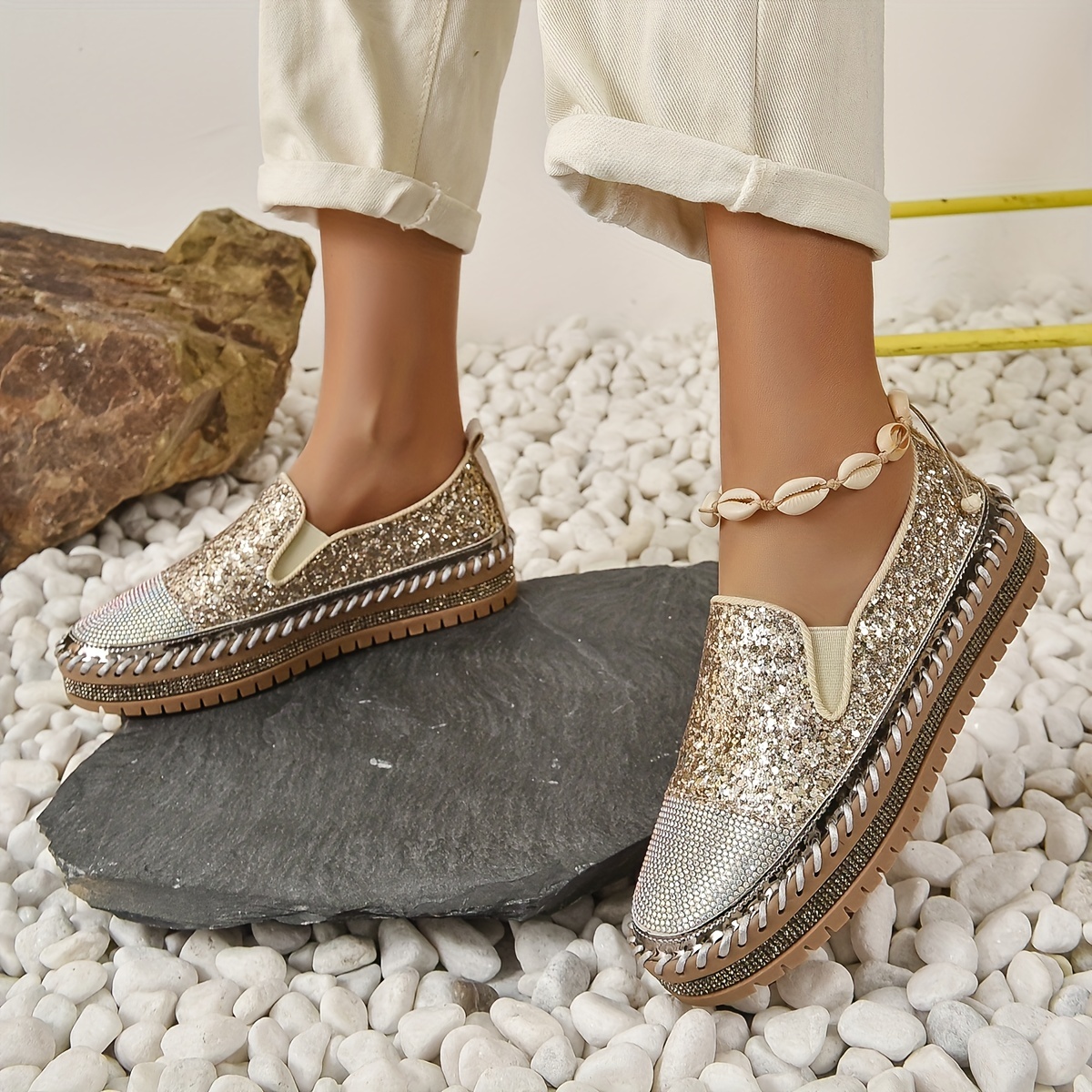 Women's Platform Rhinestones Glitter Sneaker Cute Bow Slip On Comfort  Sneaker Flat Loafer Casual Shoes