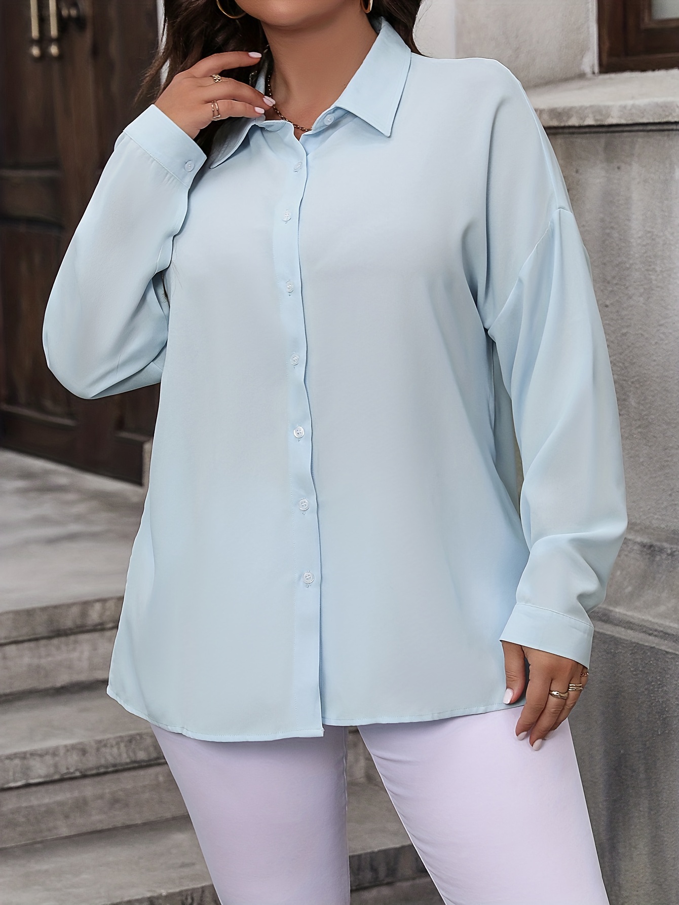 Casual Solid Collar Shirt Long Sleeve White Plus Size Blouses (Women's)