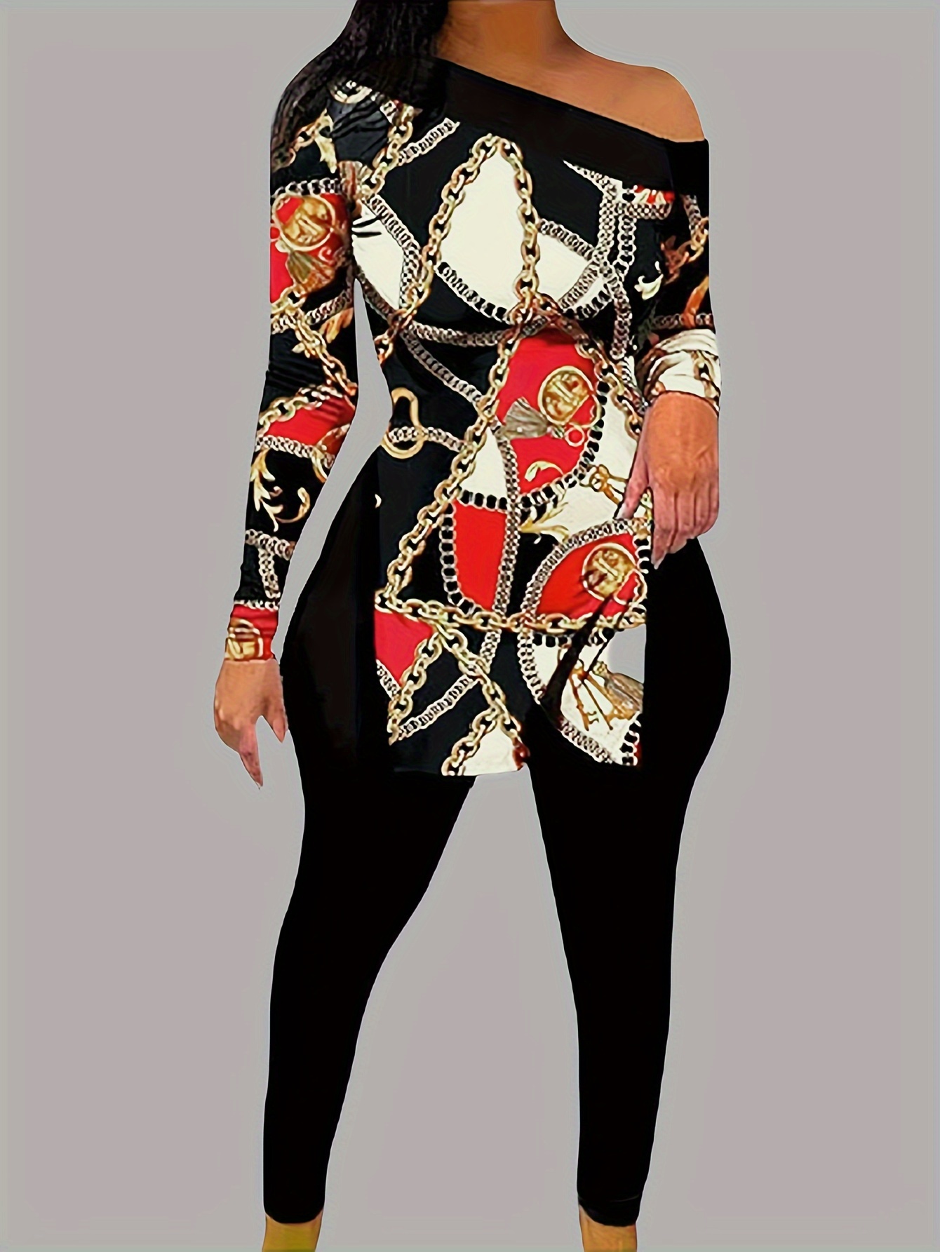 Chain Print Long Sleeve Split T shirt Solid High Waist - Temu Canada