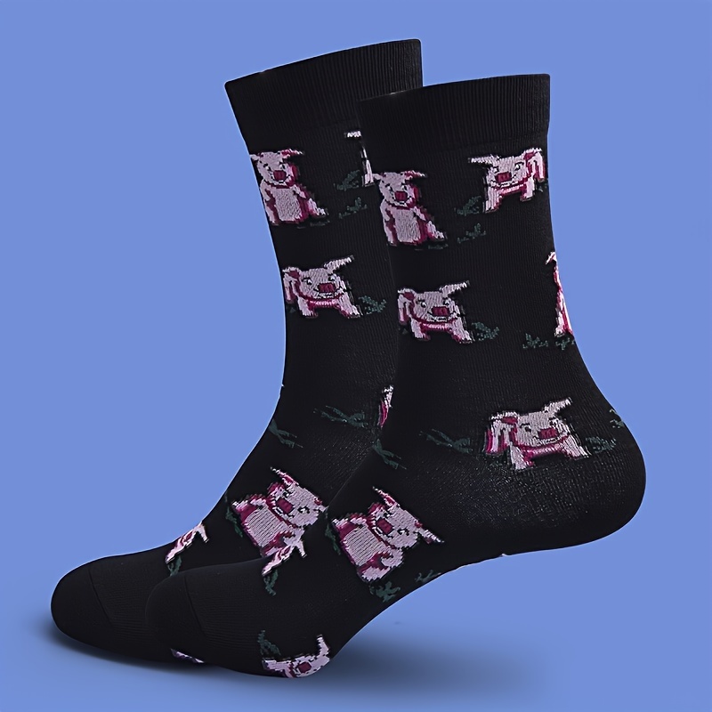 Image of 1 Pairs Of Men's Novelty Cartoon Animal Pattern Crew Socks, Breathable Cotton Blend Comfy Casual Unisex Socks For Men's Outdoor Wearing Wearing