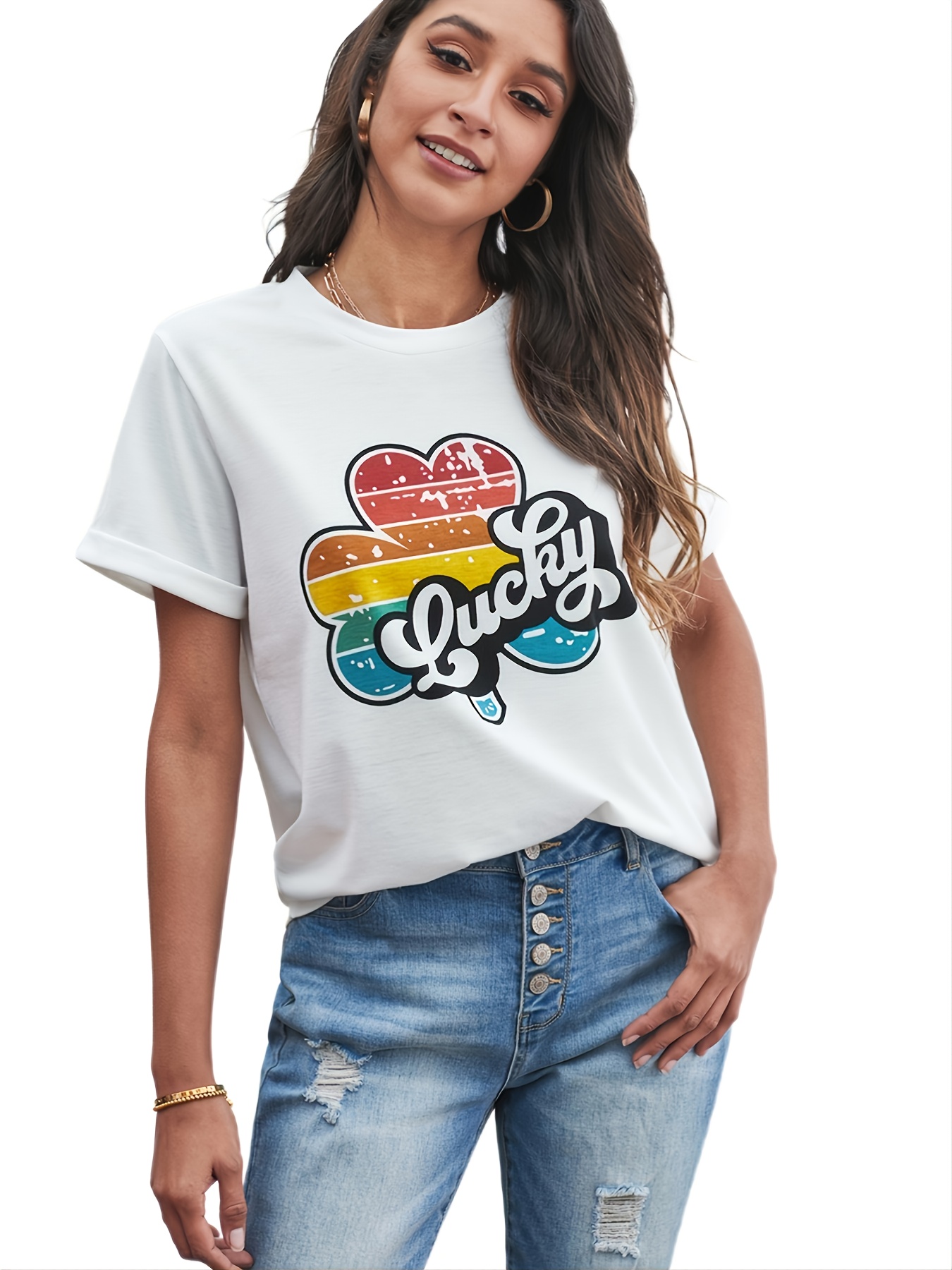 Women's T shirt Lucky Vintage Rainbow Graphic Crew Neck Drop - Temu