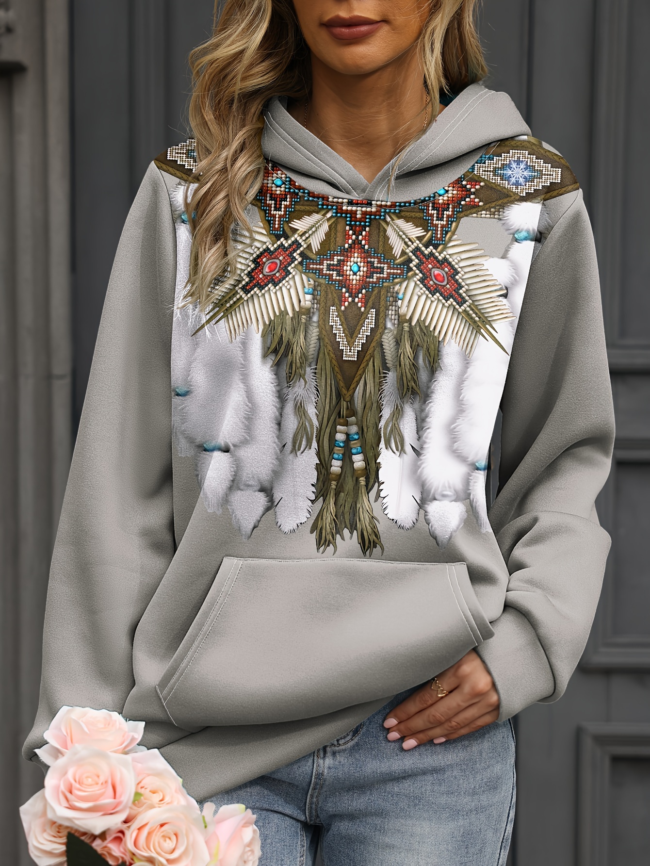 plus size casual sweatshirt womens plus tribal print long sleeve hooded slight stretch sweatshirt with kangaroo pockets details 6