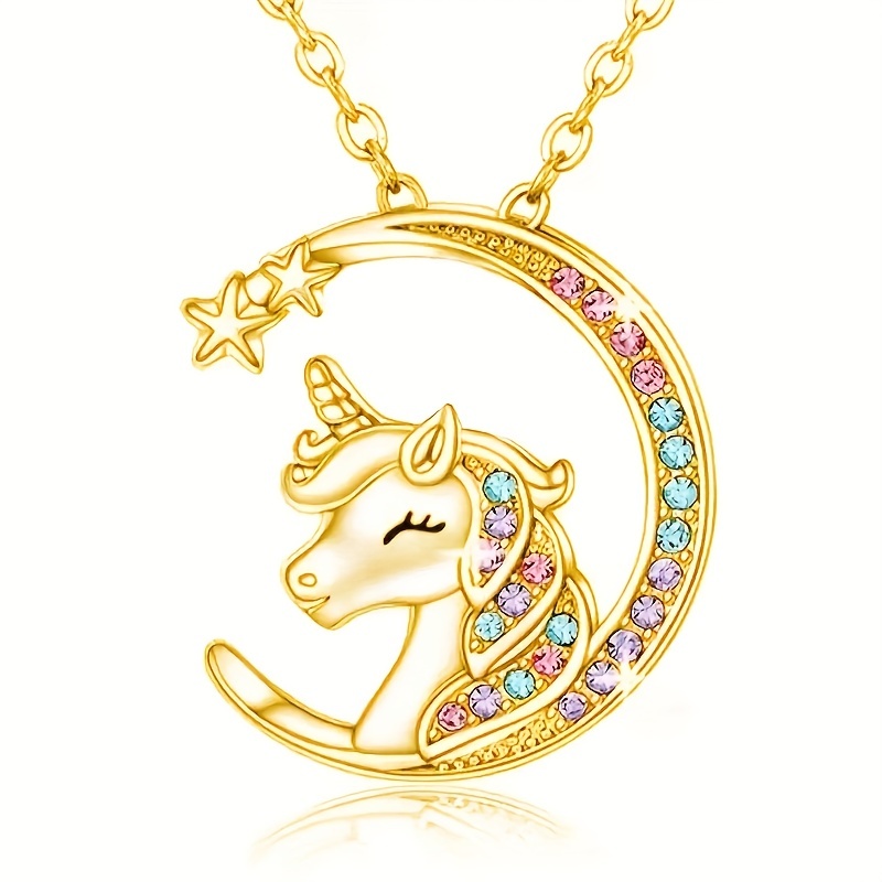 Tingn Unicorns Gifts for Girls Necklace 14K Gold White Rose Gold Plated Crescent Moon Pendant Unicorn Necklaces for Girls Kids Jewelry Unicorn Gifts