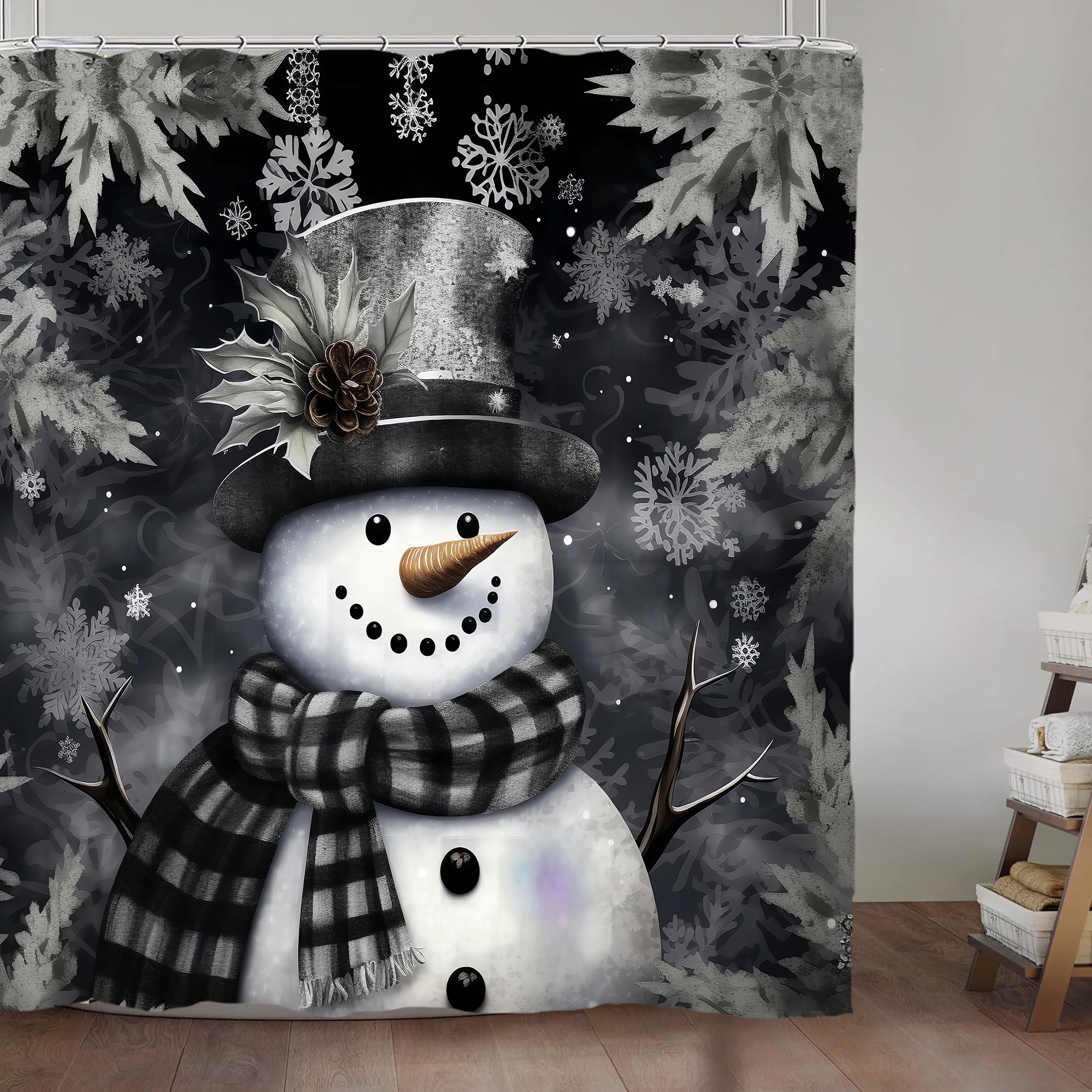 

4pcs Gray Snowman Pattern Shower Curtain Set, Waterproof Bath Curtain With 12 Hooks, U-shaped Mat, Toilet Cover Mat, L-shaped Mat, Bathroom Accessories, Christmas Decor
