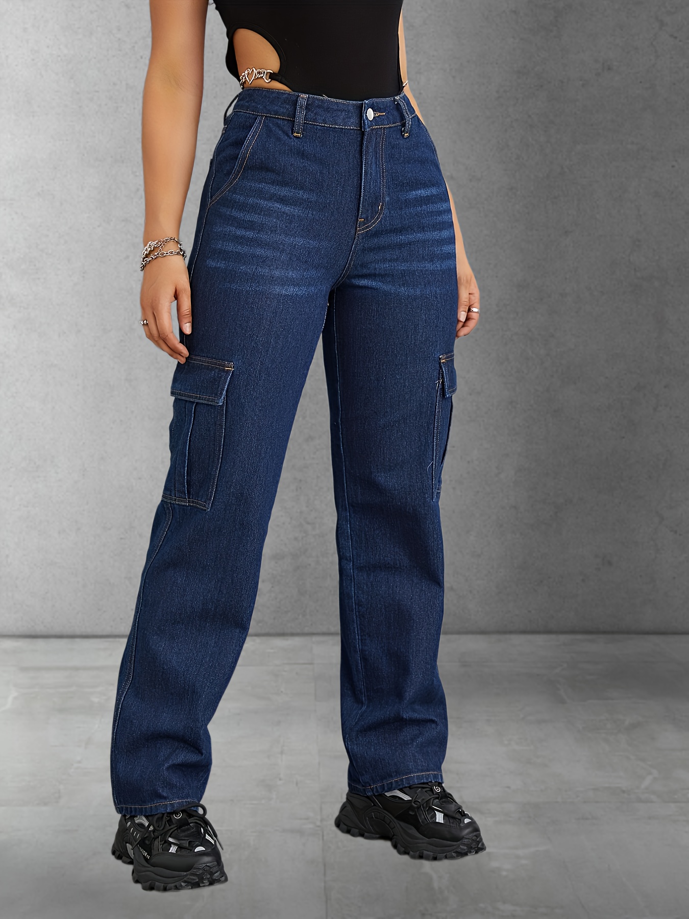 Blue Flap Pockets Cargo Pants Loose Fit High Straight - Temu