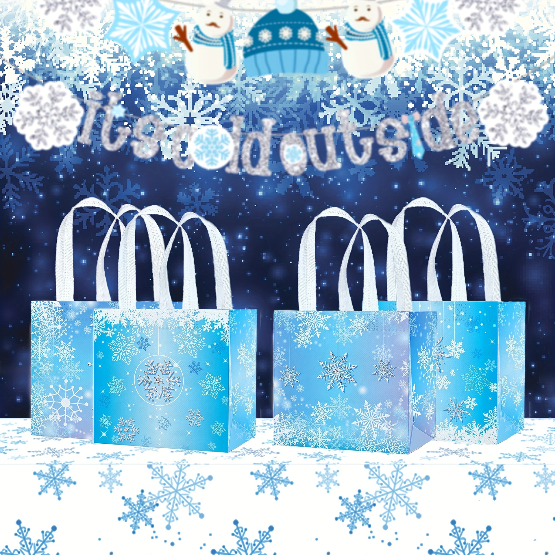 20Pcs Snowflake Party Favors Bag, Winter Frozen Non-Woven Candy Treat Bags,  Winter Theme Goodie Gifts Tote Bags for Kids Snowflake Holiday Party