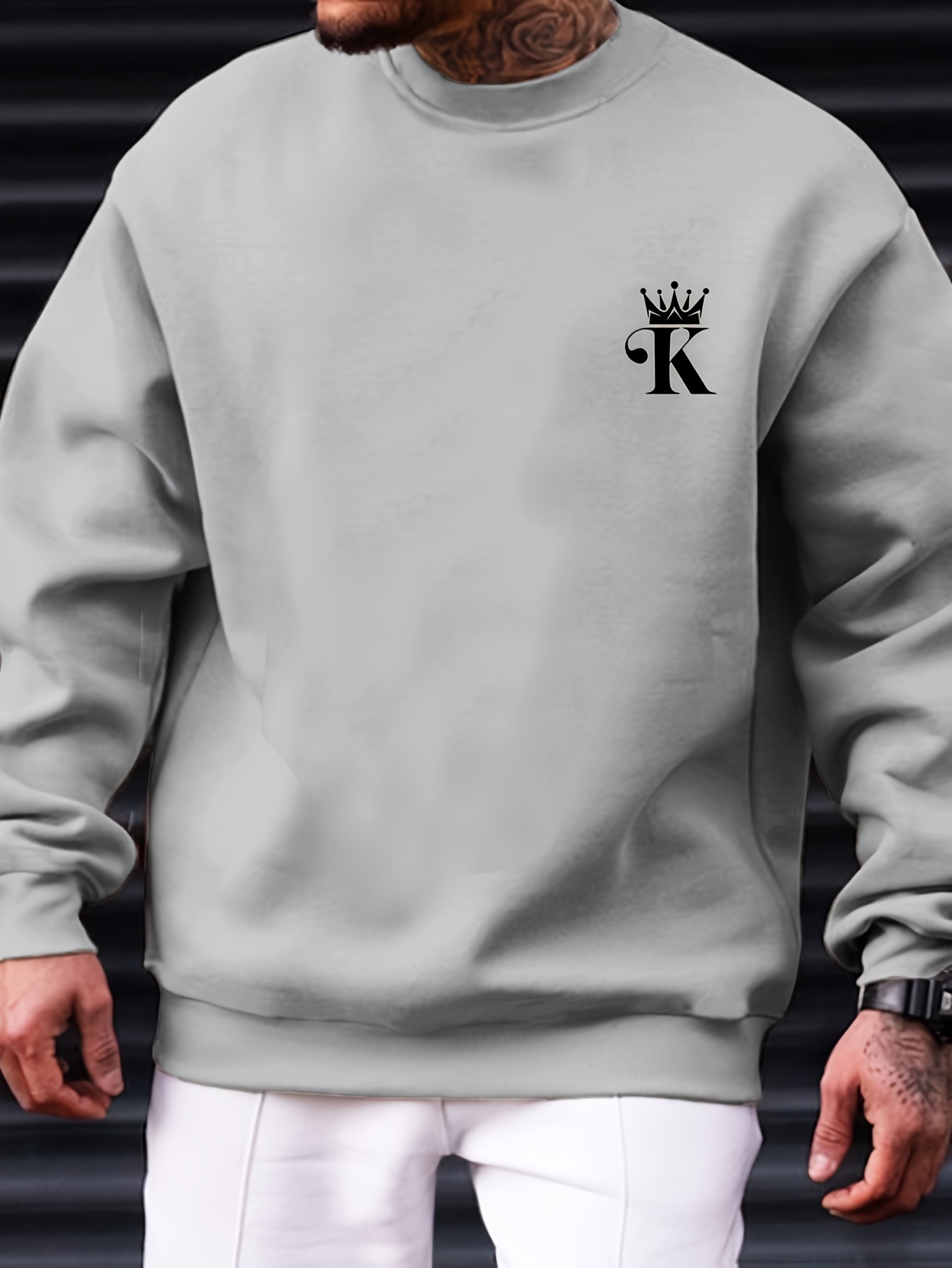 Letter K With Crown Print Trendy Sweatshirt, Men's Casual Graphic