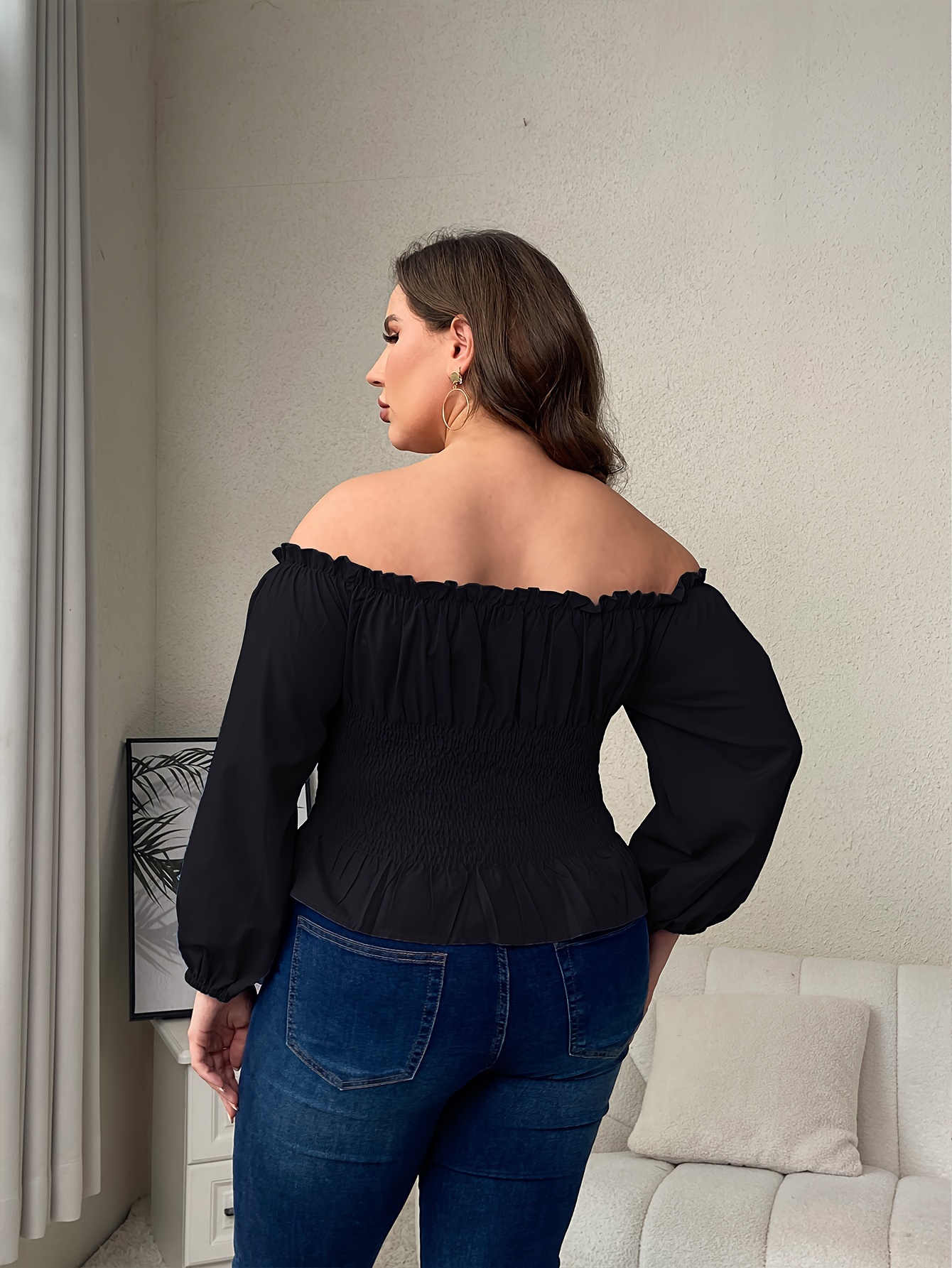 Plus Size - Stretch Lace Off Shoulder Corset Seamed Long Sleeve