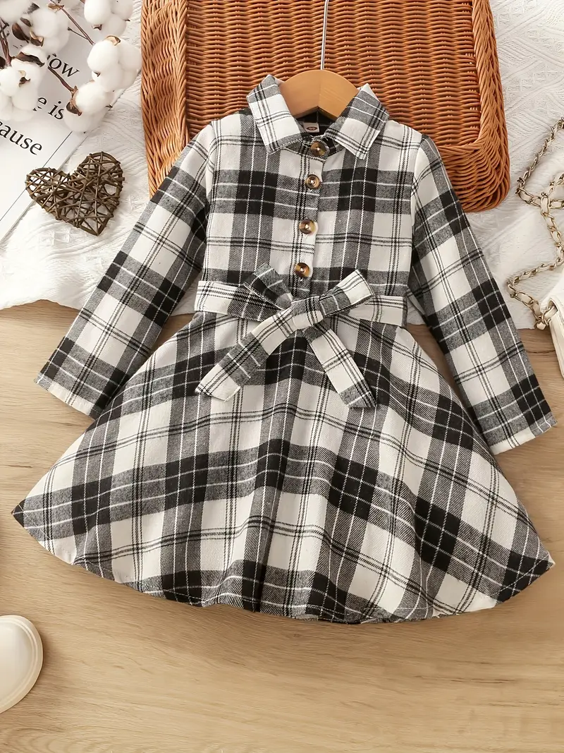 girls classic plaid dress with bowknot belt collar long sleeves dress for spring autumn details 0