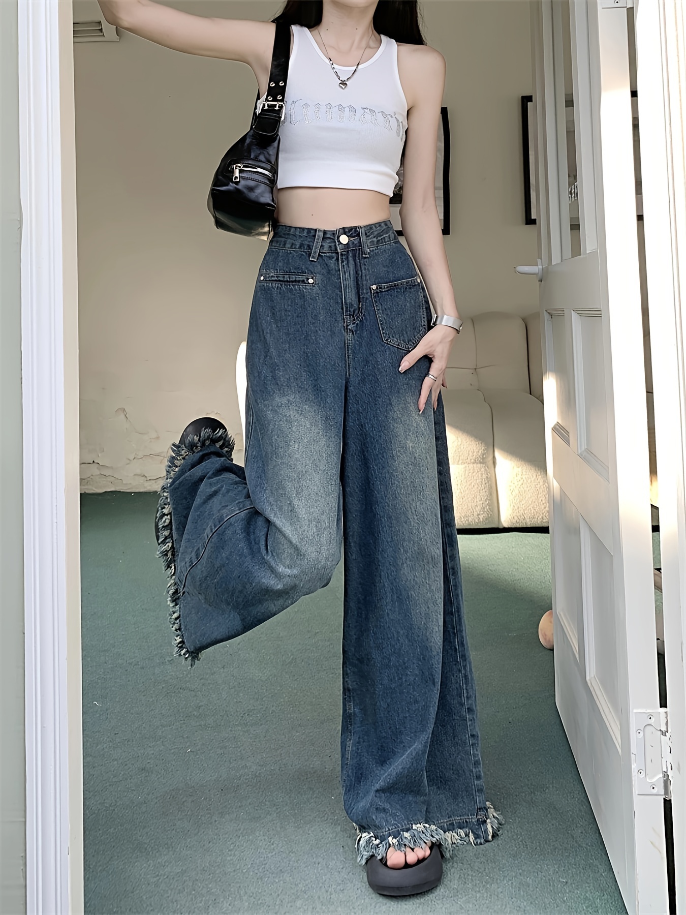 Frayed Hem Washed Baggy Jeans High Waist Loose Fit Retro - Temu