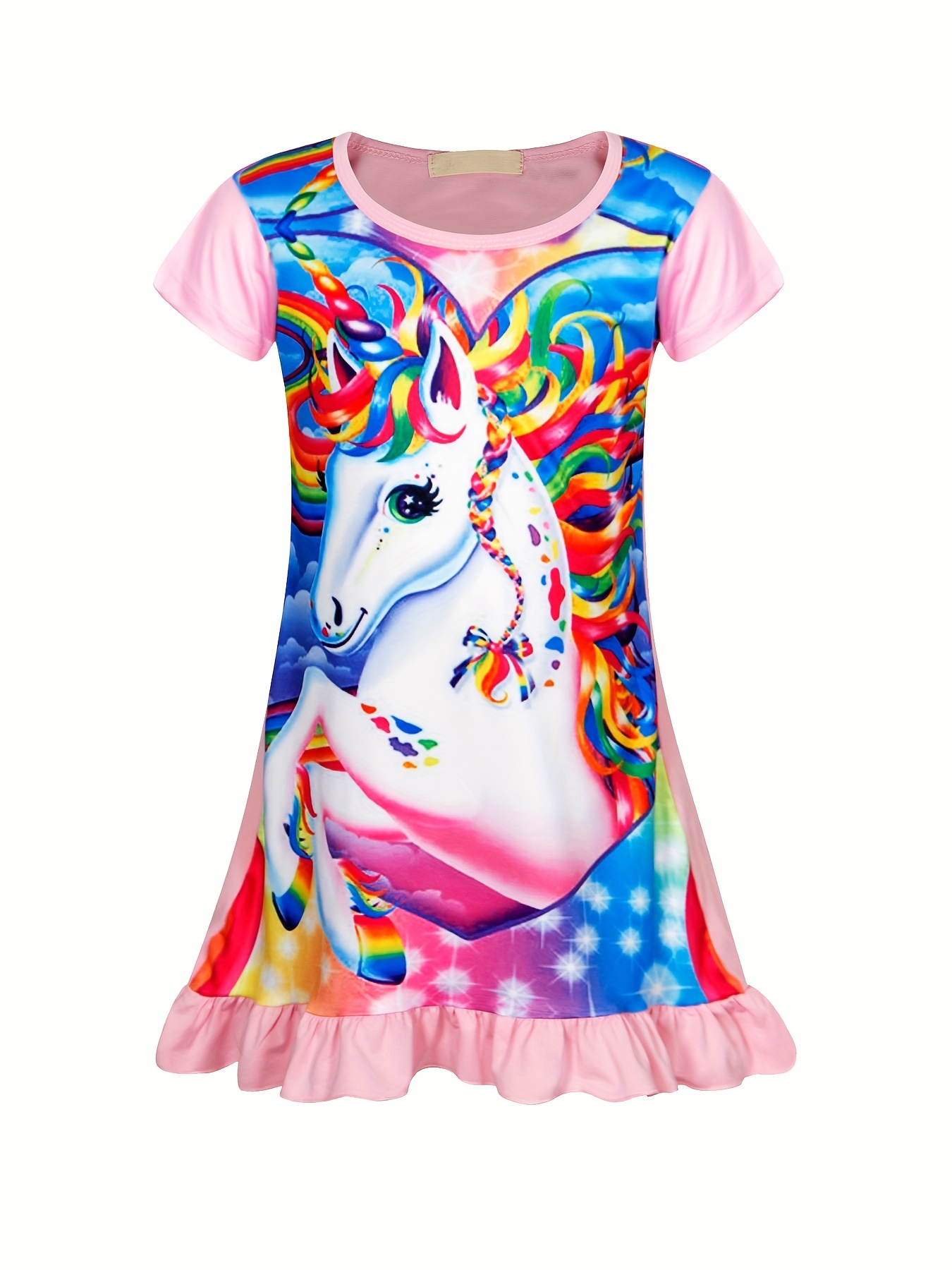 girls unicorn print nightdress kids short sleeve ruffle hem nightgowns sleepwear pajama dresses kids summer clothes   0